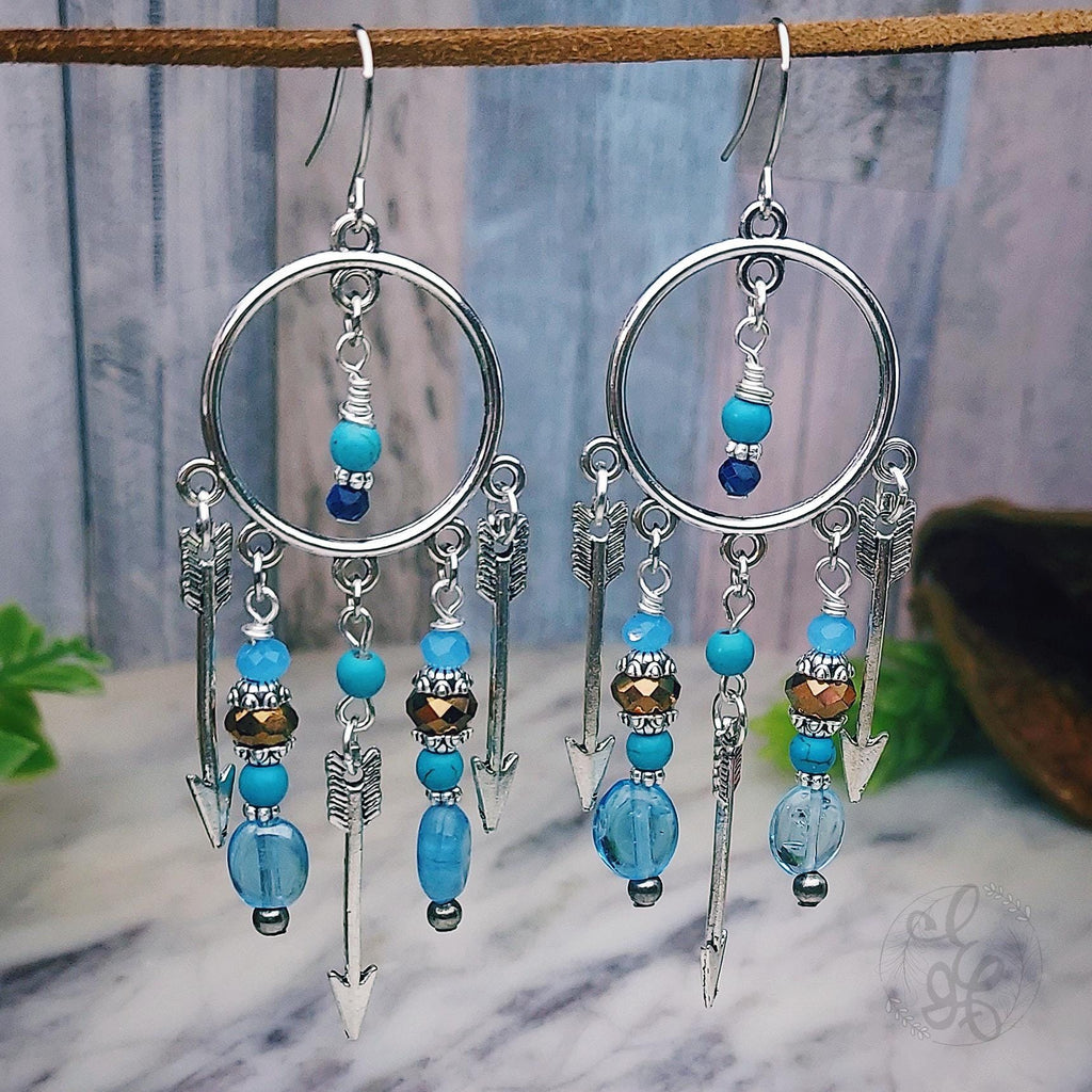 Arrow Boho Chandelier Earrings with Silver Finish and Blue Beads, gifts for woman