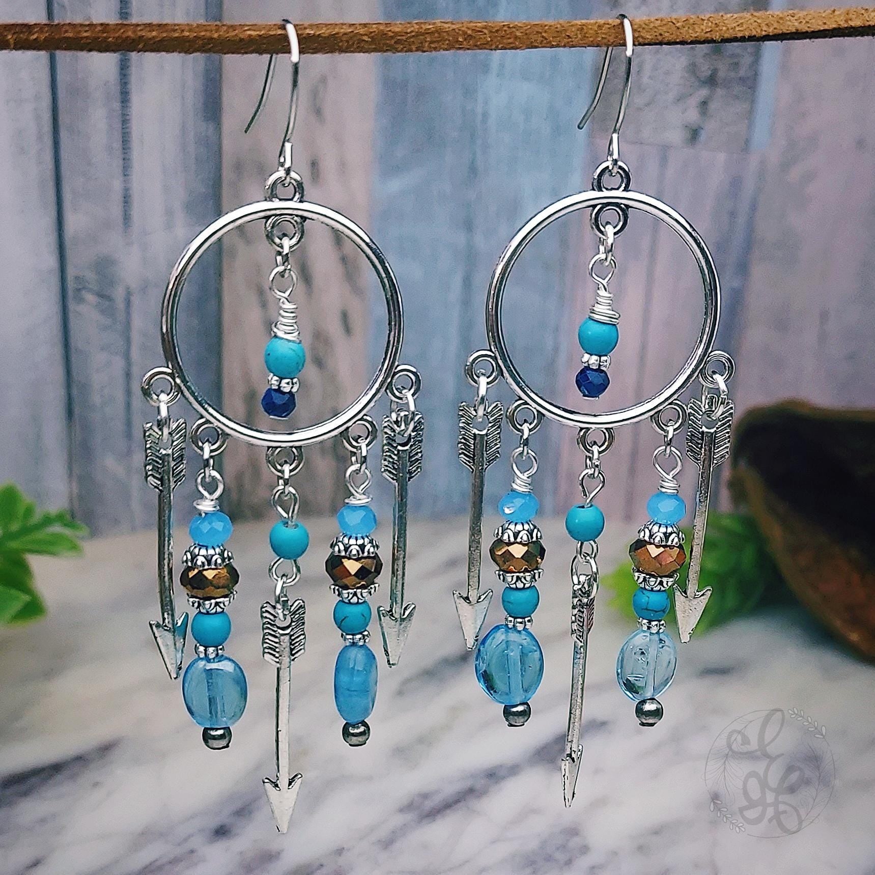 Arrow Boho Chandelier Earrings with Silver Finish and Blue Beads, gifts for woman