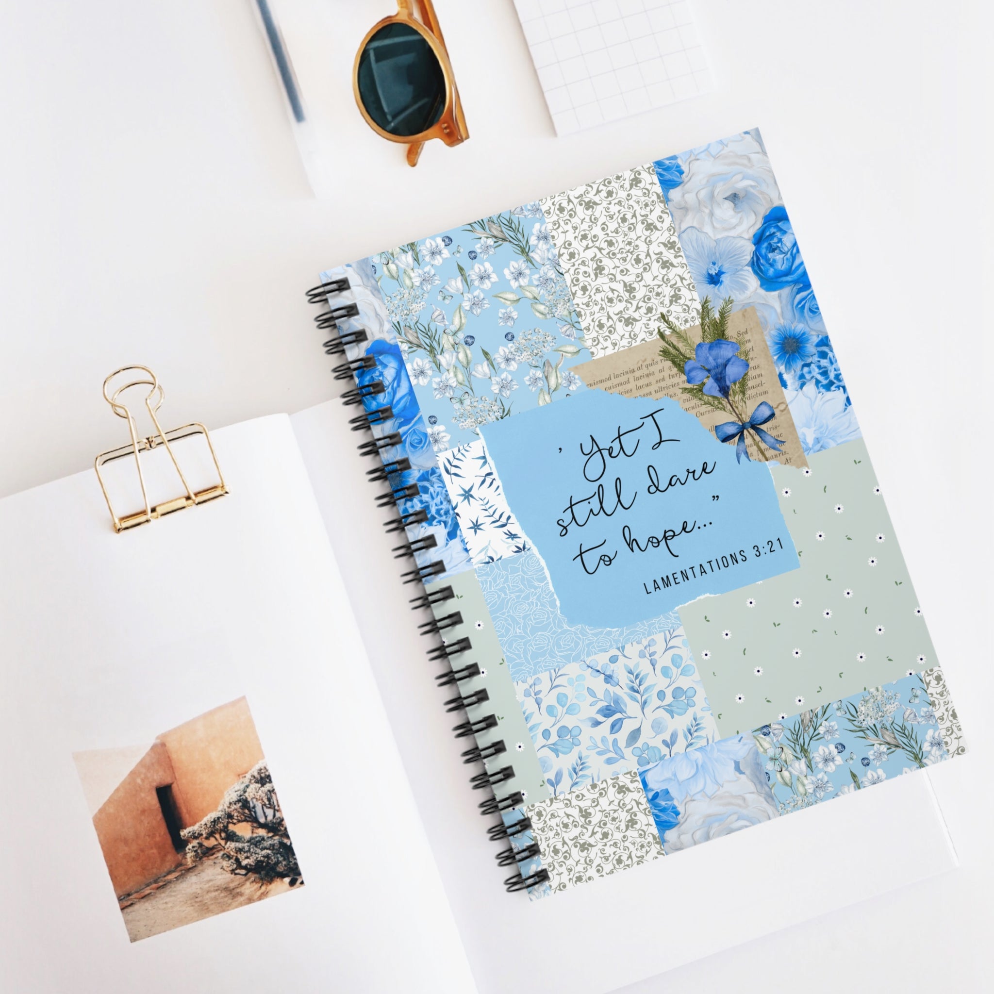 Blue Floral Patchwork Spiral Notebook — "Yet I Still Dare to Hope" (Lamentations 3:21)