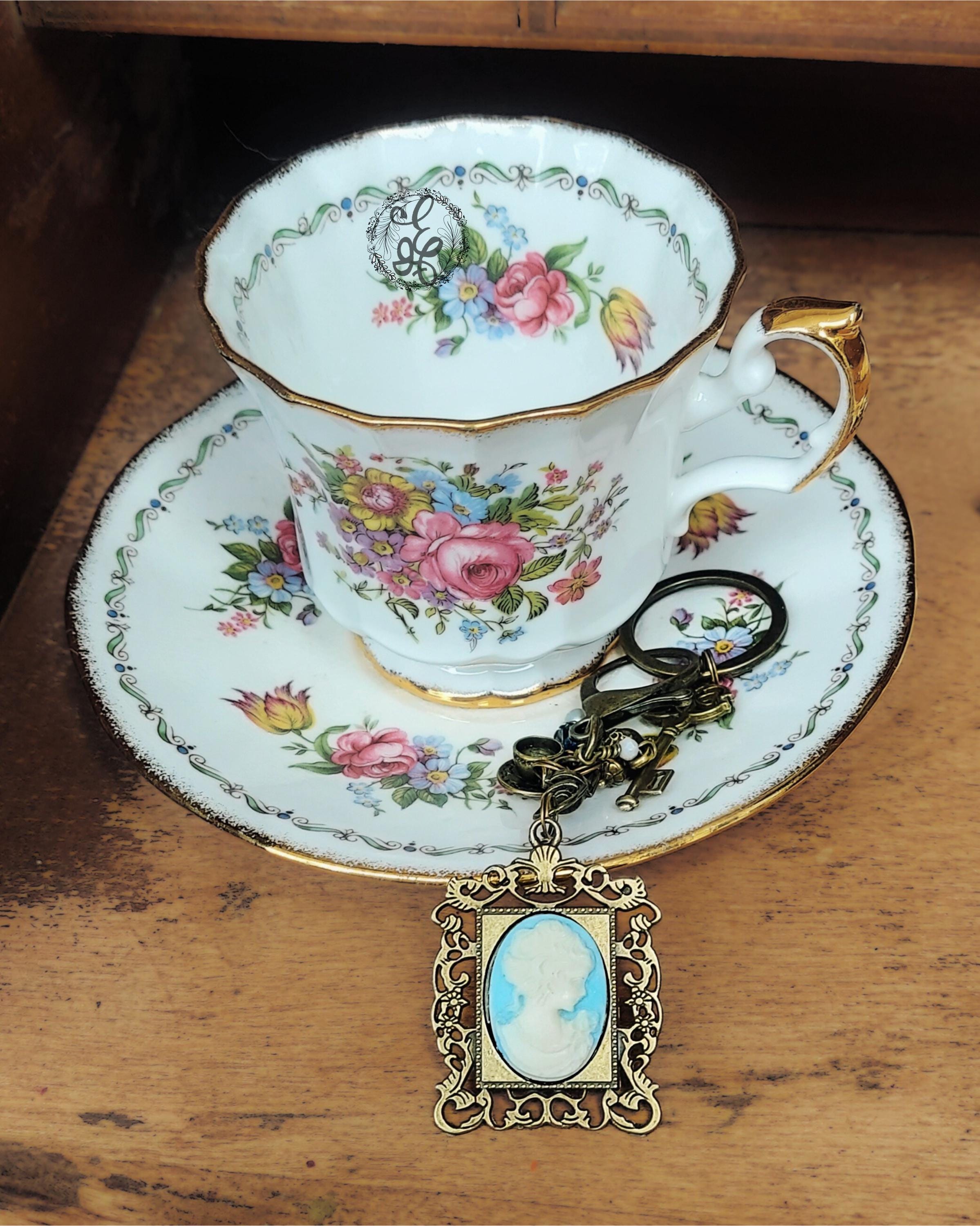 Victorian Tea Purse Charm & Keychain – Blue Handcrafted Cameo, Teapot and Crystal Charms – Antique Brass