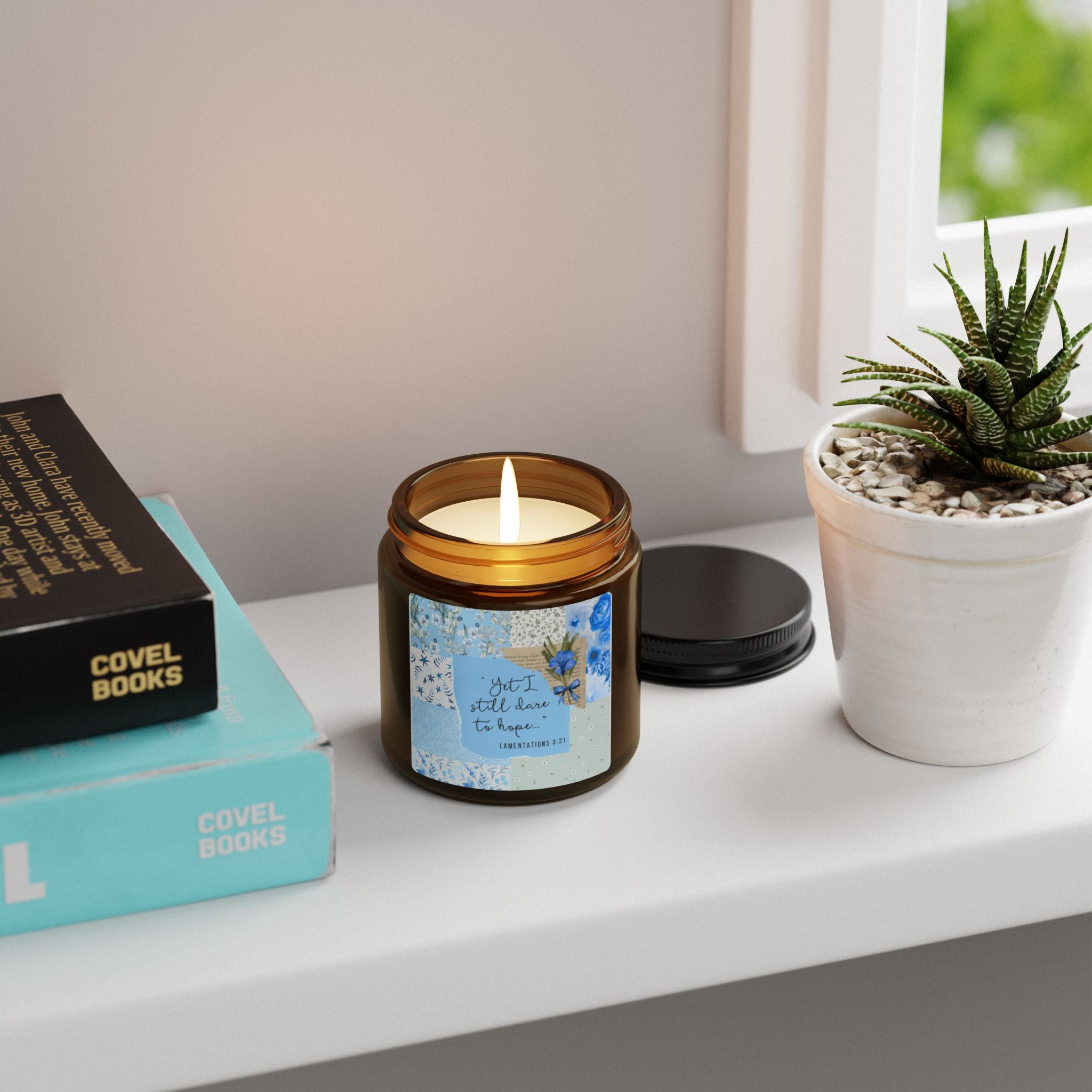 Soy Candle — "Yet I Still Dare to Hope" Amber Jar (Blue Floral)