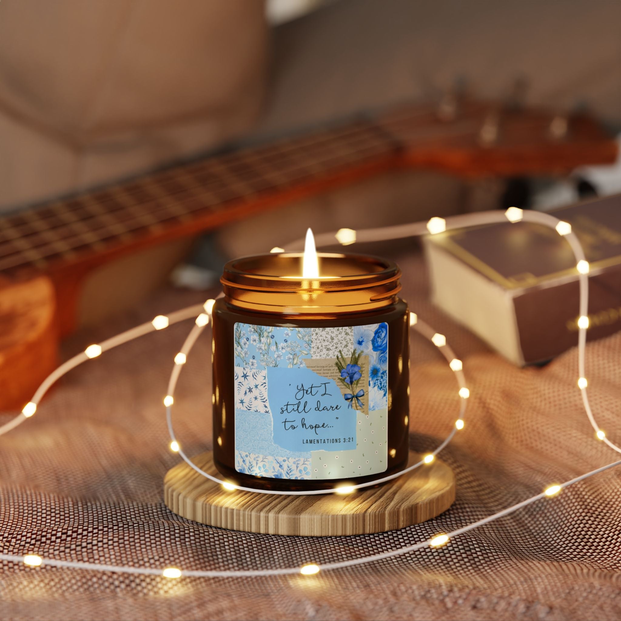 Soy Candle — "Yet I Still Dare to Hope" Amber Jar (Blue Floral)