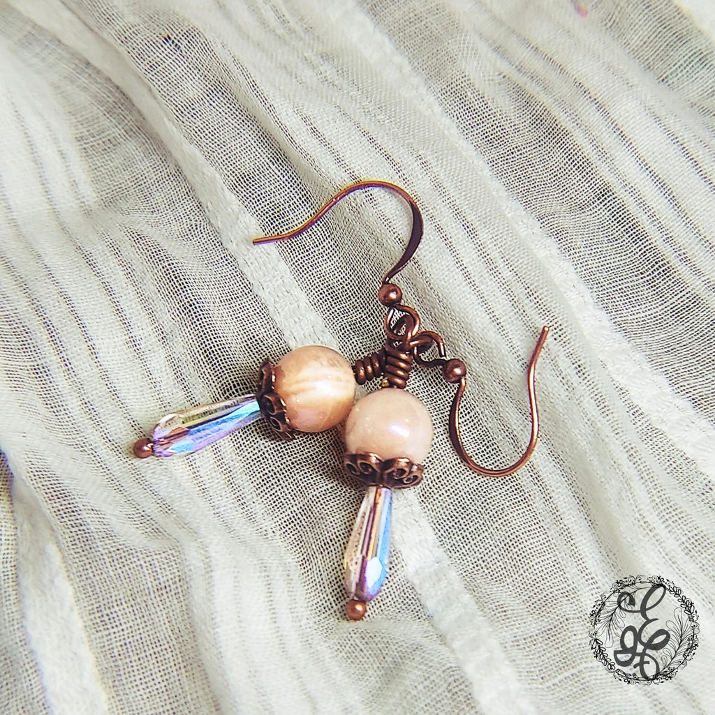 Peach Moonstone & Crystal Teardrop Earrings | Antique Copper | Iridescent Dangle Earrings | Hypoallergenic Artisan Jewelry
