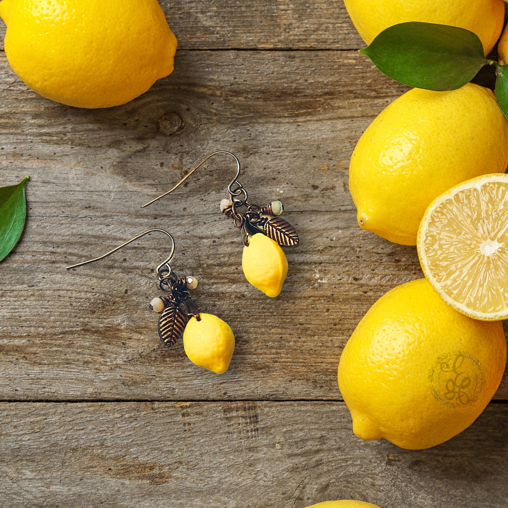 Lemon Drop Earrings – Artisan Summer Jewelry with Czech Glass and Antique Brass Leaf Charms