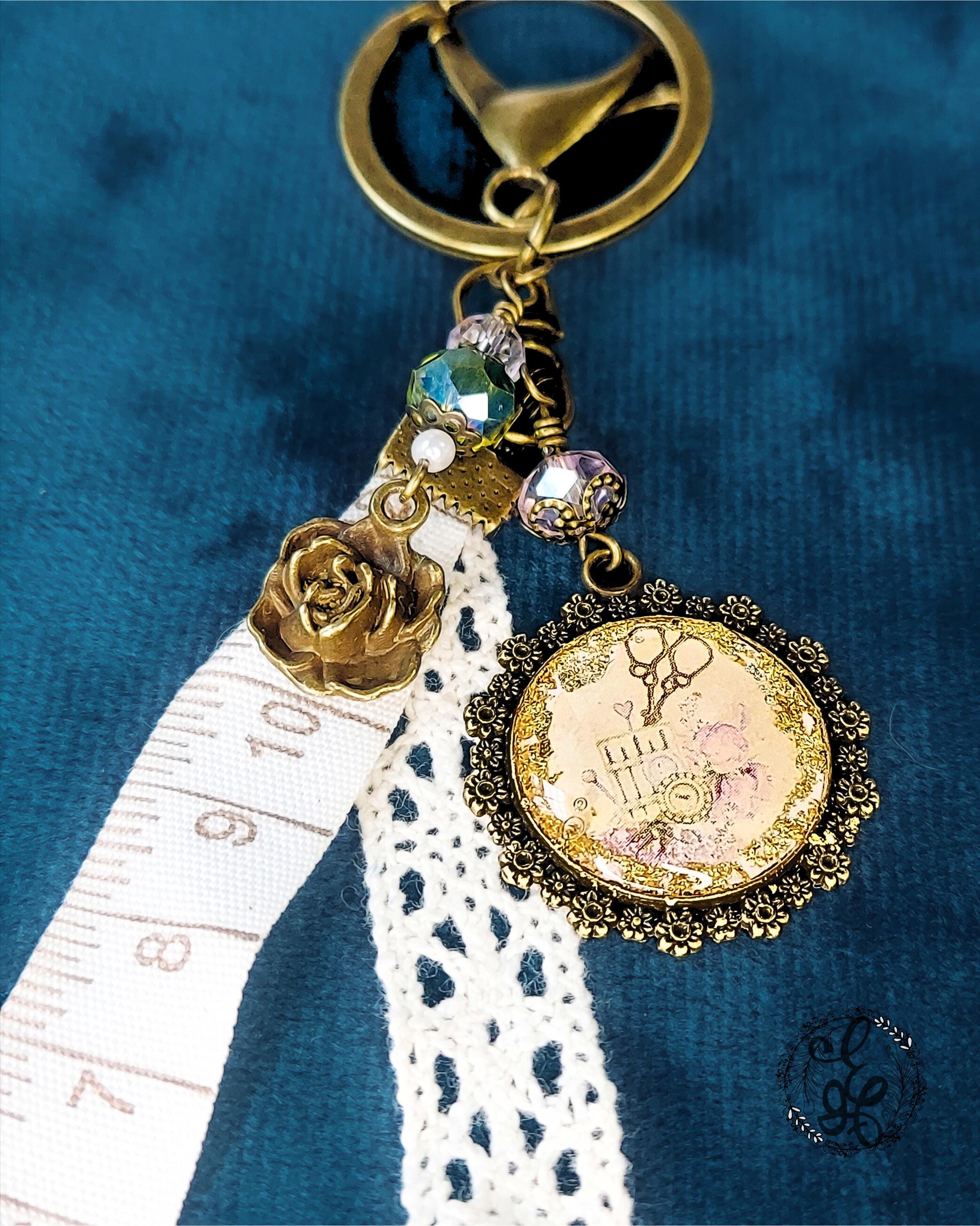 Antique Scissors Purse Charm – Resin Cabochon with Vintage Sewing Notions, Lace & Measuring Tape Ribbon