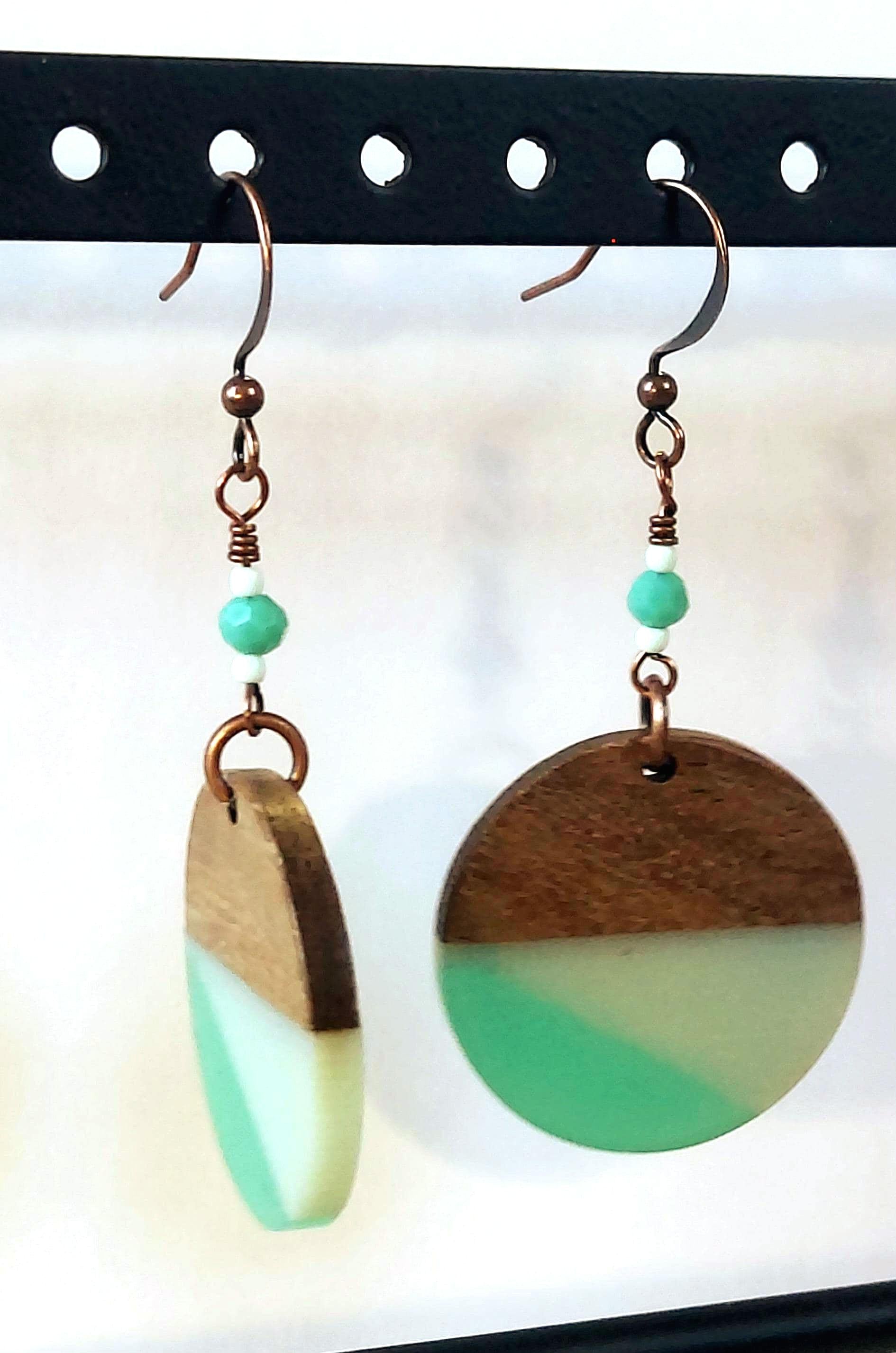 Retro 90s Wood & Aqua Resin Earrings – Lightweight Statement Dangles with Copper Earwires | Vintage-Inspired Artisan Jewelry