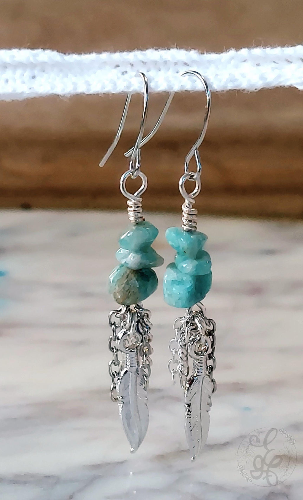Amazonite Earrings: Silver Feather, Boho Chic Amazonite Dangle Earrings - Handmade Gemstone Jewelry