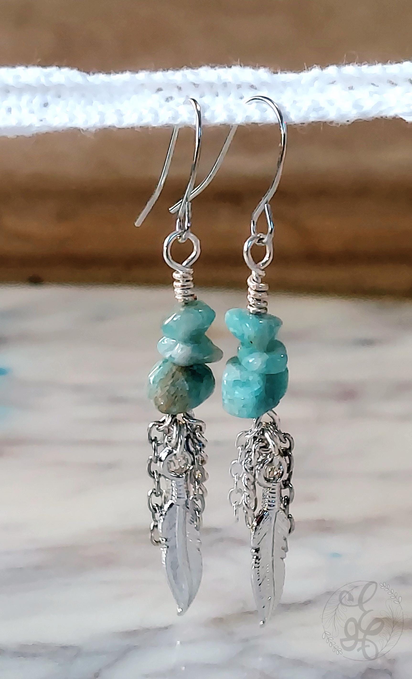 Amazonite Earrings: Silver Feather, Boho Chic Amazonite Dangle Earrings - Handmade Gemstone Jewelry