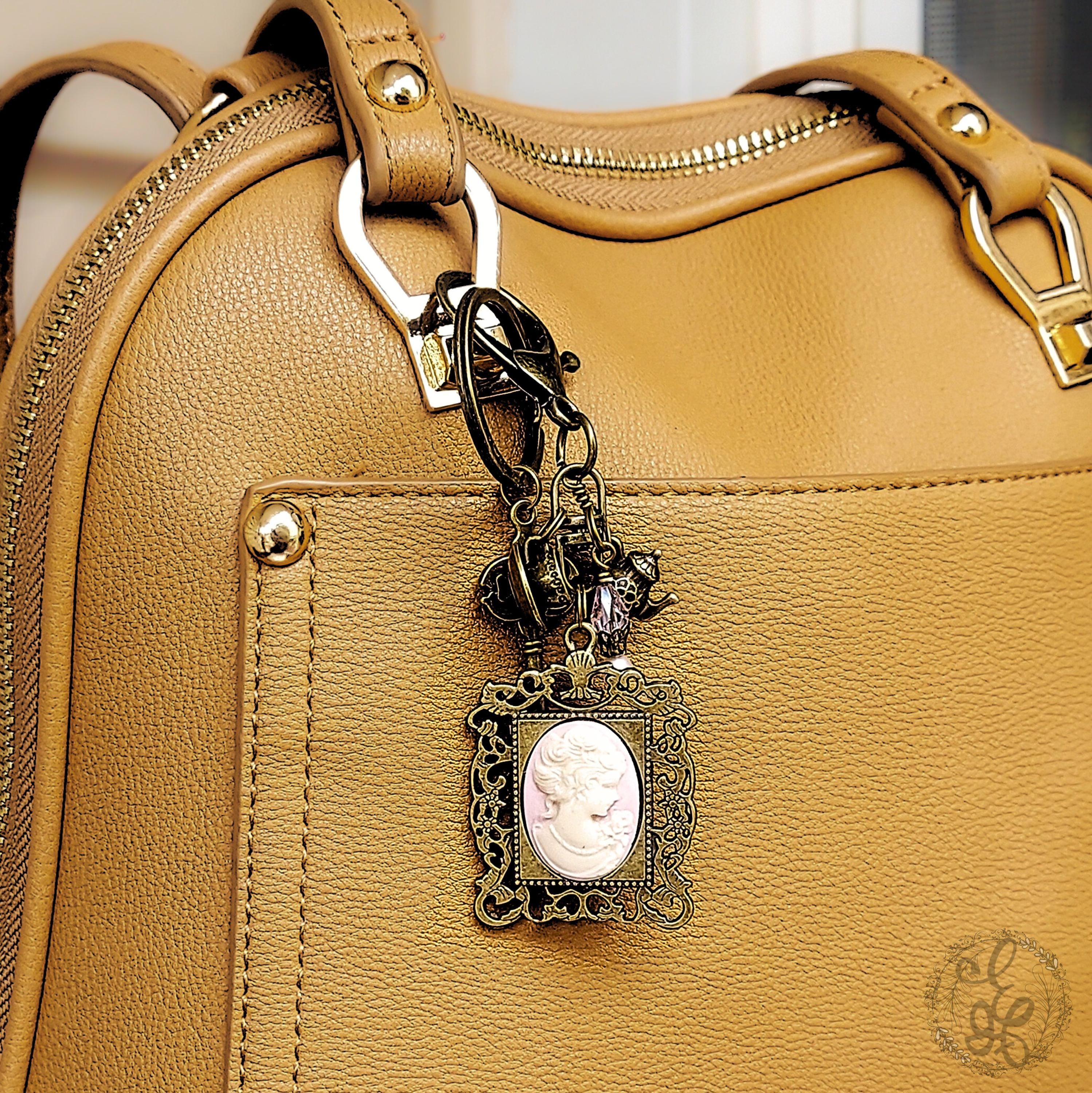 Victorian Tea Purse Charm & Keychain – Handcrafted Cameo, Teapot and Crystal Charms – Antique Brass