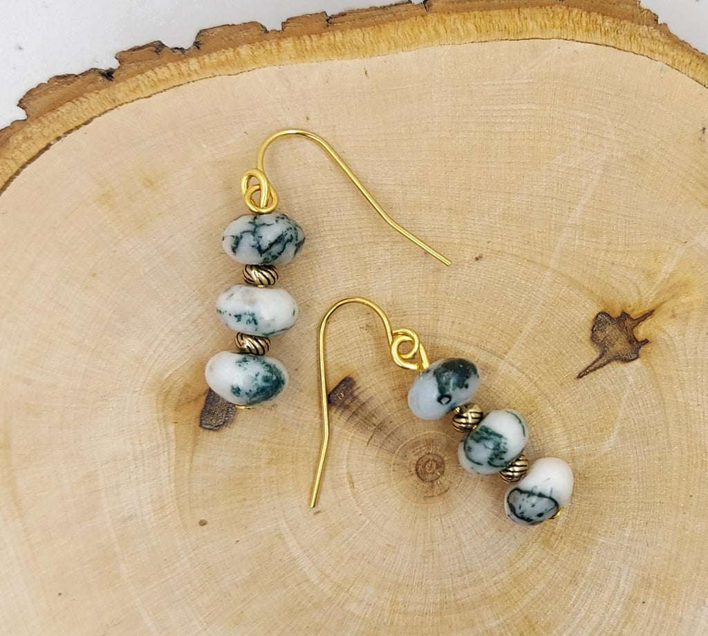 Green Moss Agate Earring Forest Green on White beaded Earrings Mossy Agate Gemstone Dangle Earring Gifts for Her
