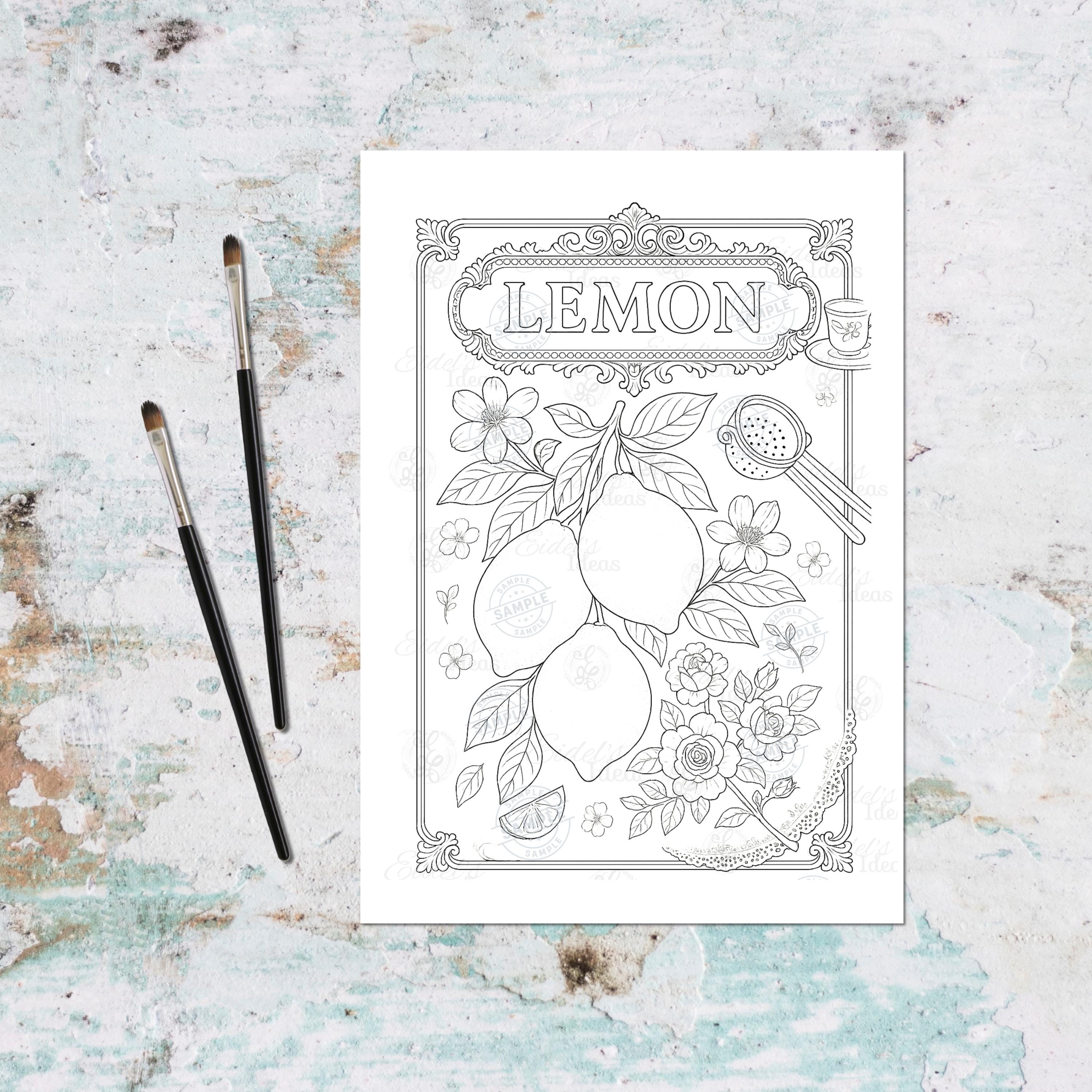 Vintage Lemon Coloring Page – Digital Download | Elegant Tea-Time Kitchen Art | Floral Fruit Printable for Adults & Teens