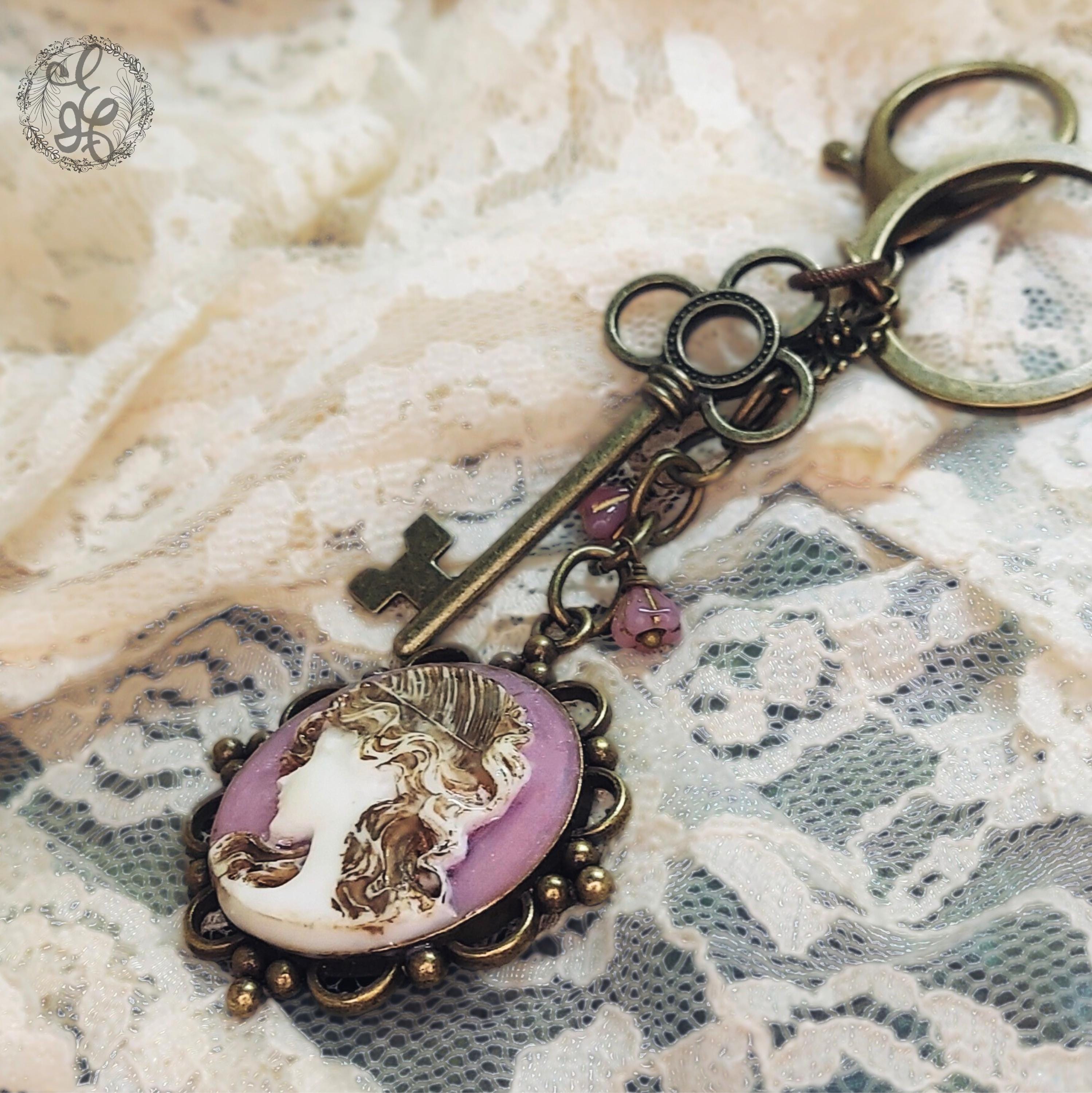 Vintage-Inspired Cameo Purse Charm – Antique Key, Distressed Cameo, Czech Glass Bellflowers – Eidel’s Ideas Original