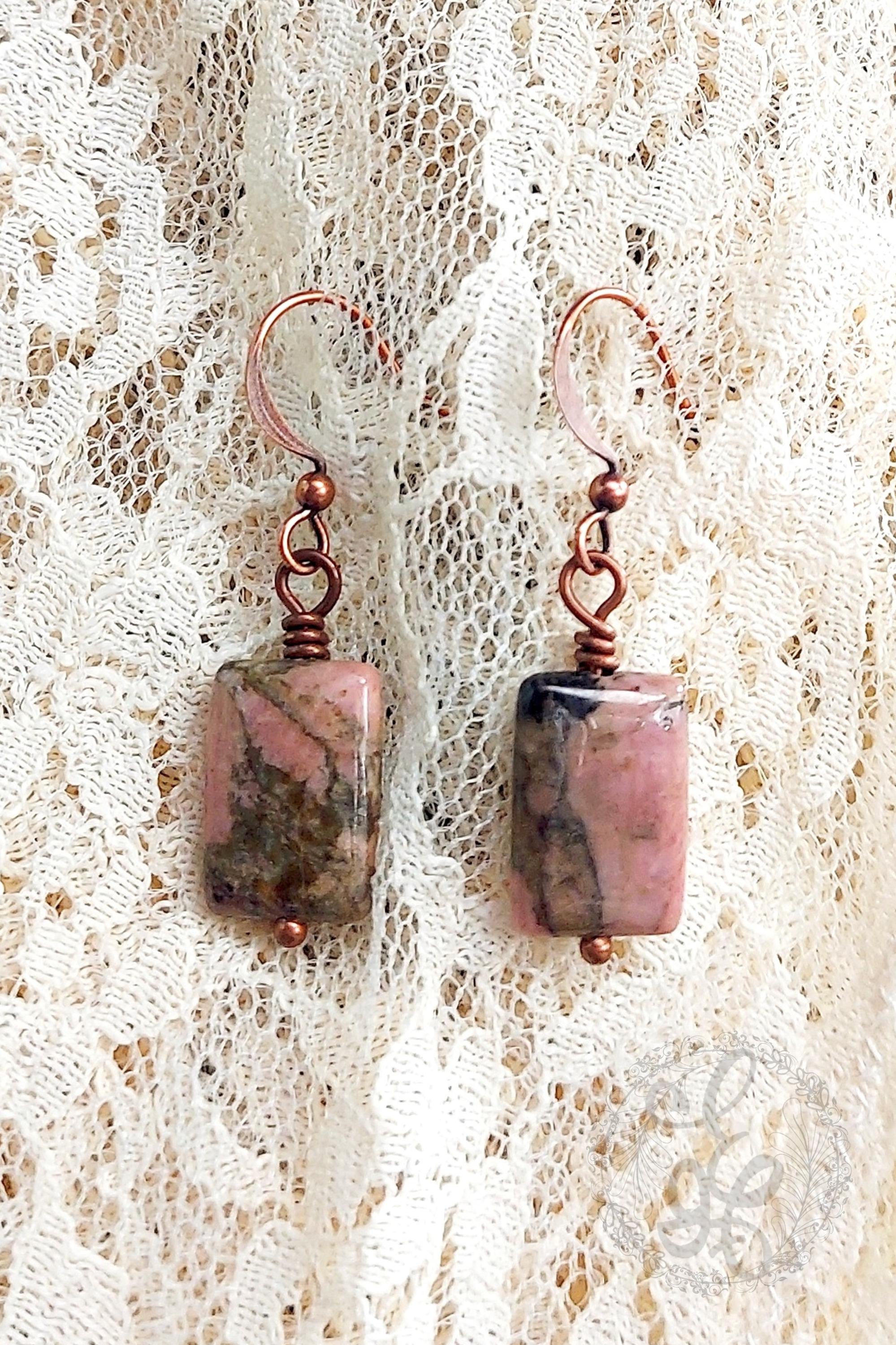 Handcrafted Rhodonite & Antique Copper Earrings – Wire Wrapped Original Design