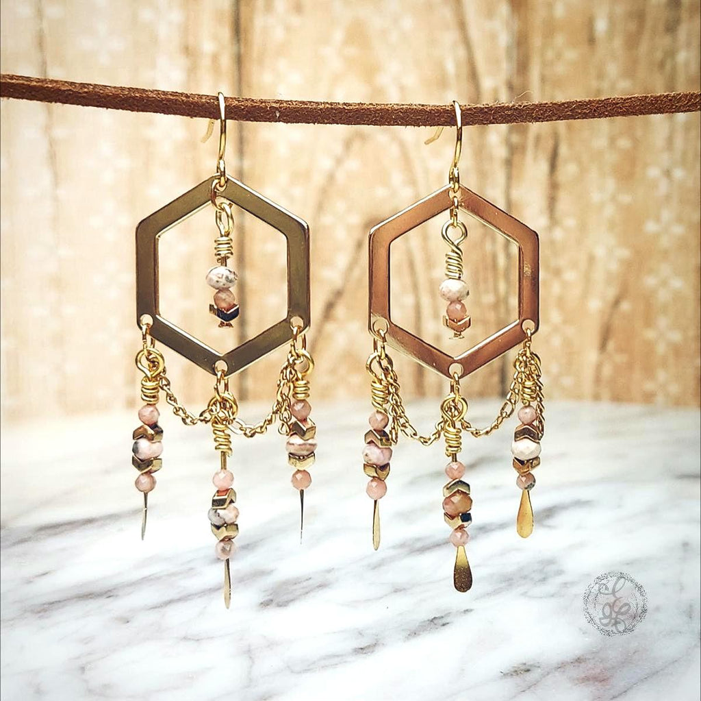 Elegant Rhodochrosite Gold Plated Chandelier Earrings
