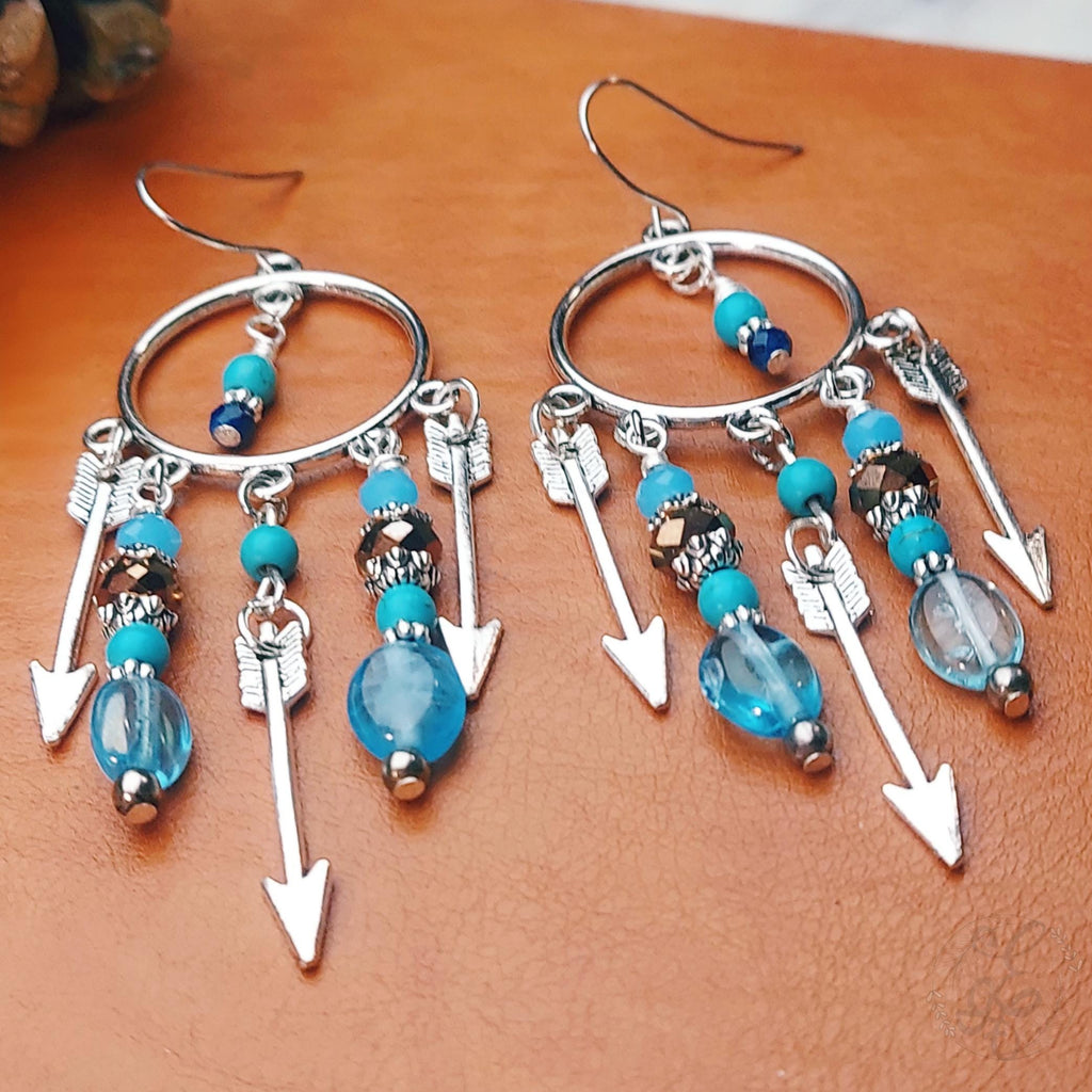 Arrow Boho Chandelier Earrings with Silver Finish and Blue Beads, gifts for woman