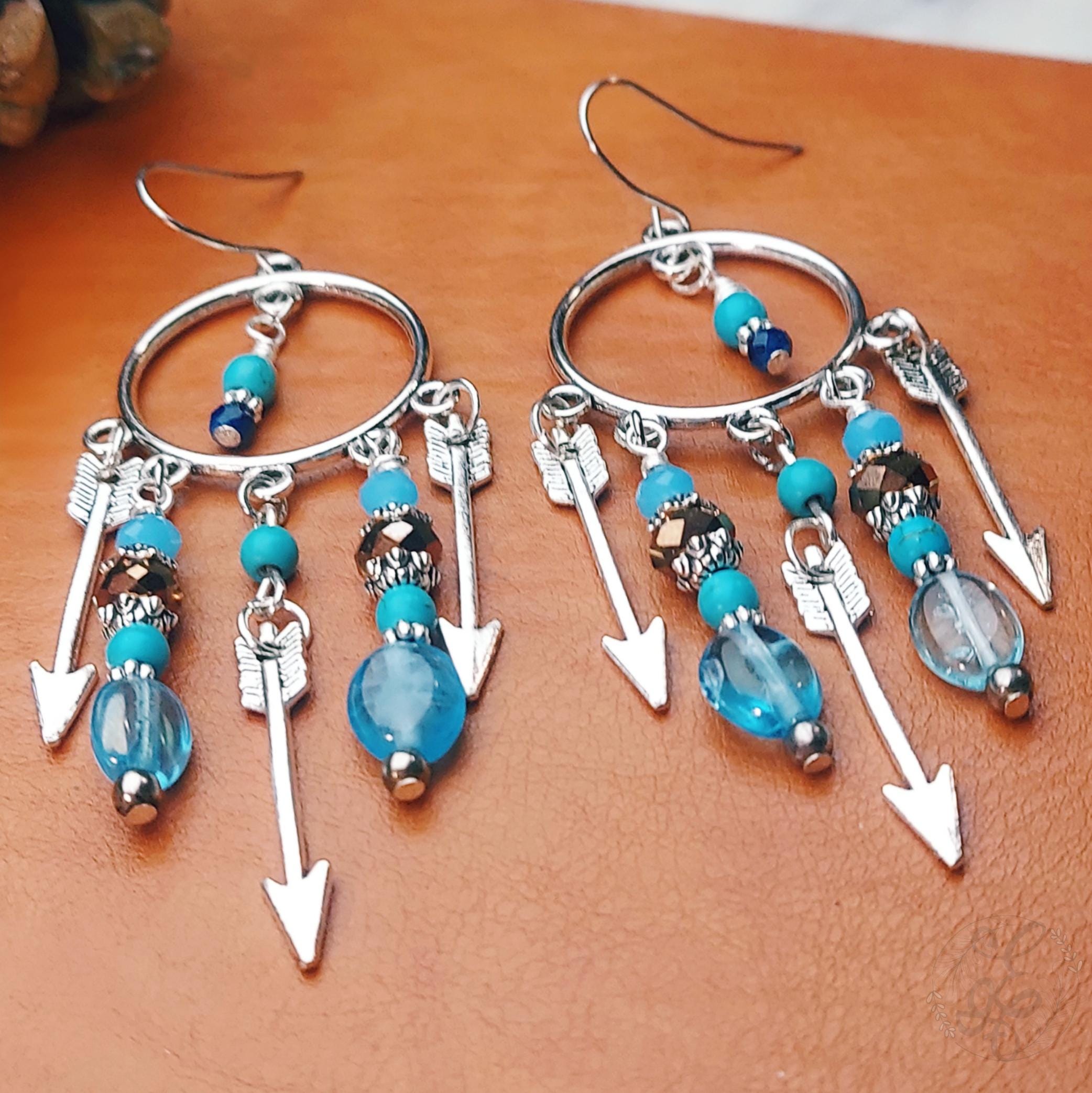 Arrow Boho Chandelier Earrings with Silver Finish and Blue Beads, gifts for woman
