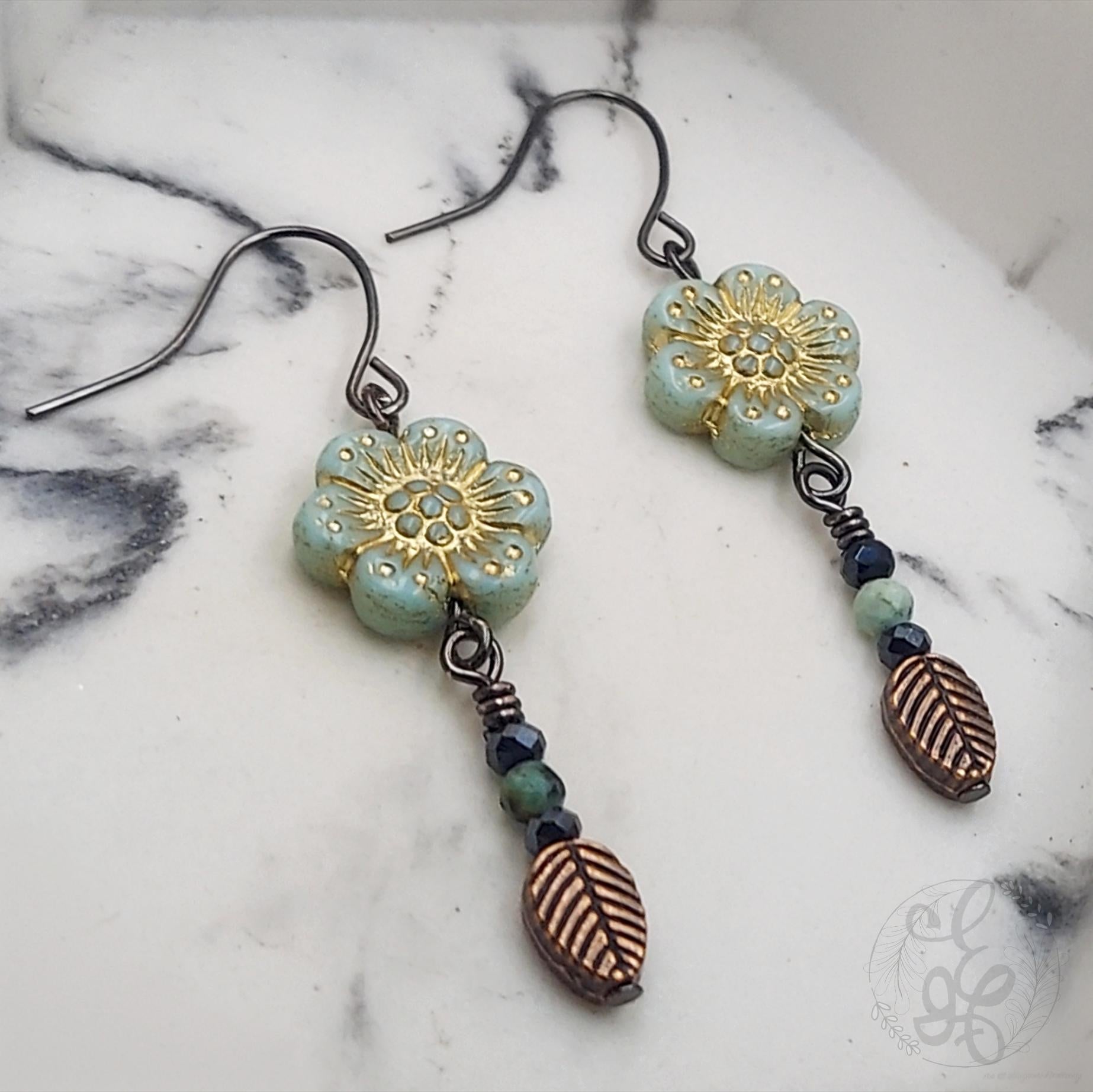 Wild Rose Gunmetal Earrings in Turquoise with Amazonite and Black Crystals: Boho Dangle Earrings for Women and Teens