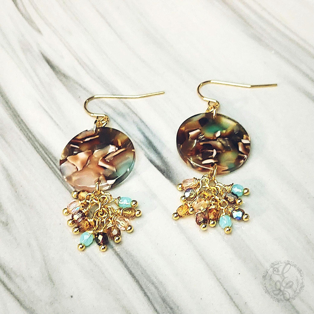 Brown and Cream Disc Earrings with Cluster Drop - Tortoise Shell Acetate Dangle Earrings