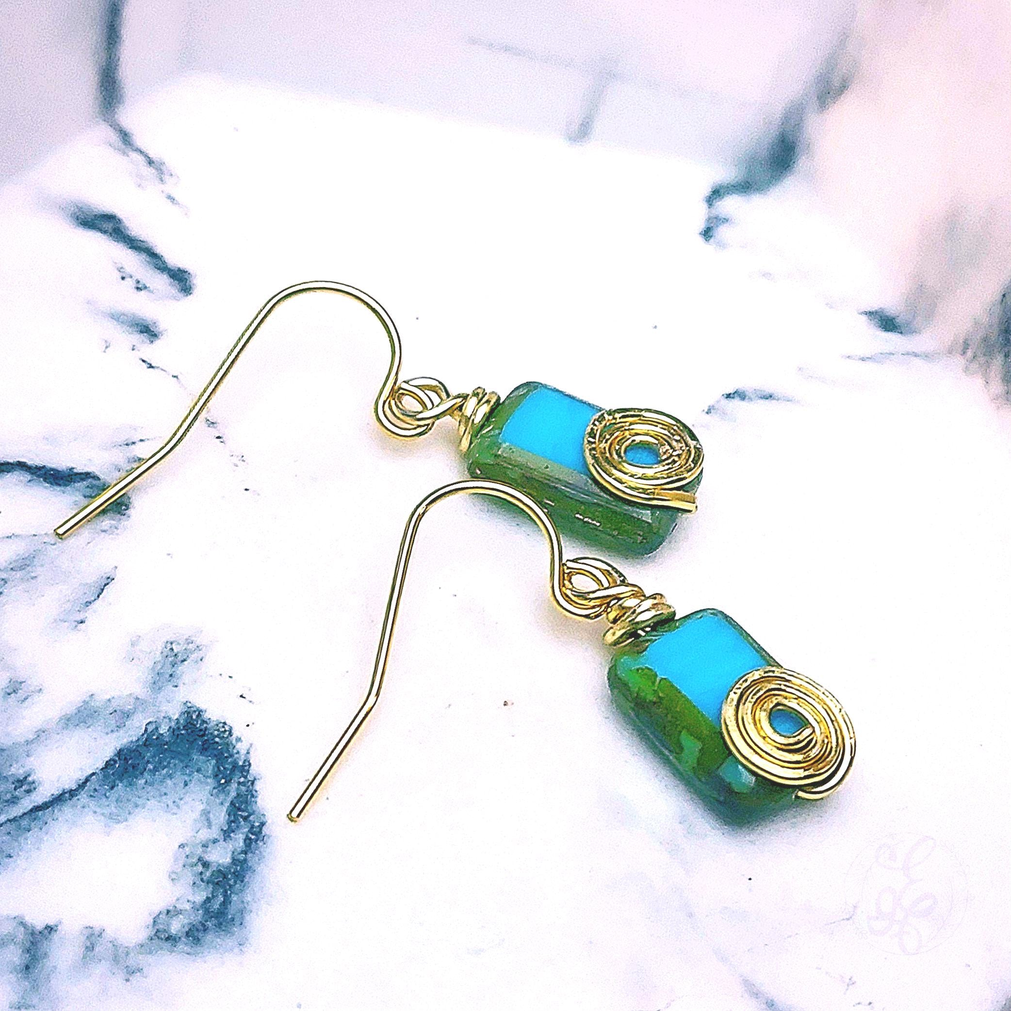 Turquoise Czech Glass Earrings – Gold Wire Wrapped Dangles – Artisan Boho Jewelry – Eidel’s Ideas Original