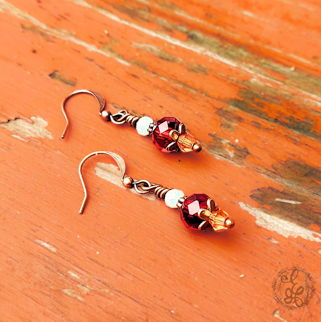 Mediterranean Summer Earrings – Vintage-Inspired Crystal & Copper Dangle Earrings – Artisan Pale Blue and Garnet Red Jewelry Gift