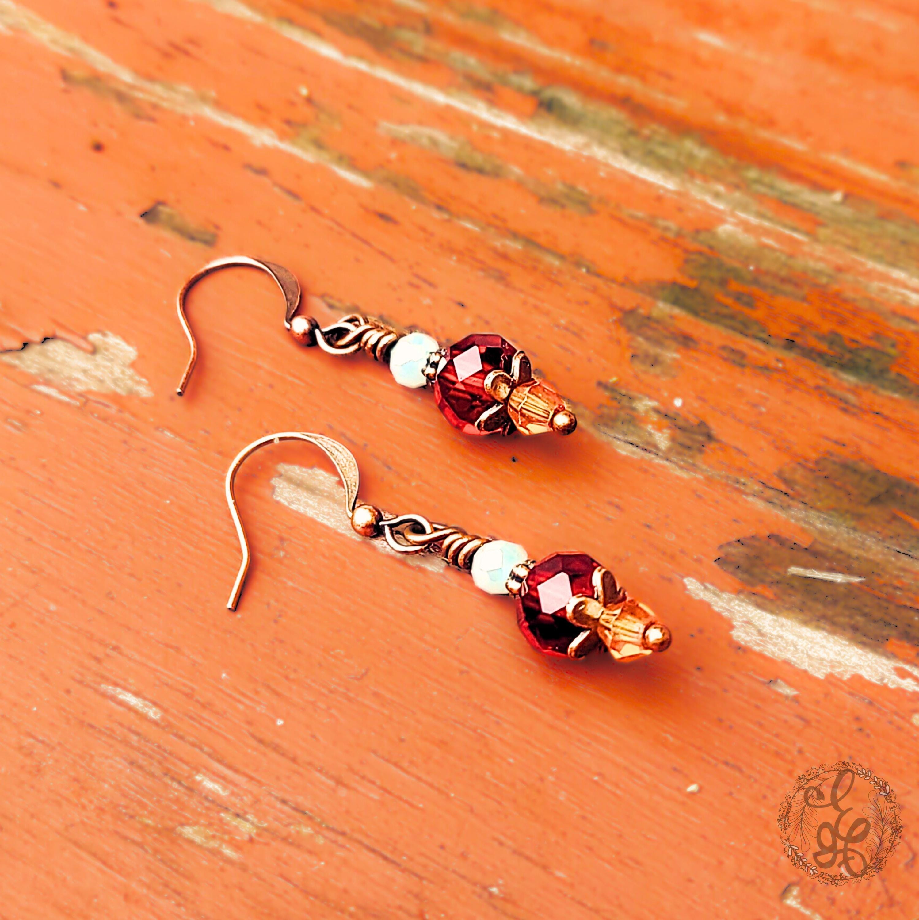 Mediterranean Summer Earrings – Vintage-Inspired Crystal & Copper Dangle Earrings – Artisan Pale Blue and Garnet Red Jewelry Gift