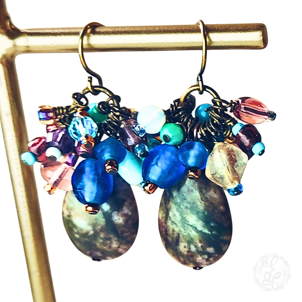 Genuine Jasper Gemstone Earrings – Earthy Boho Cluster Earrings – Antique Gold Jewelry