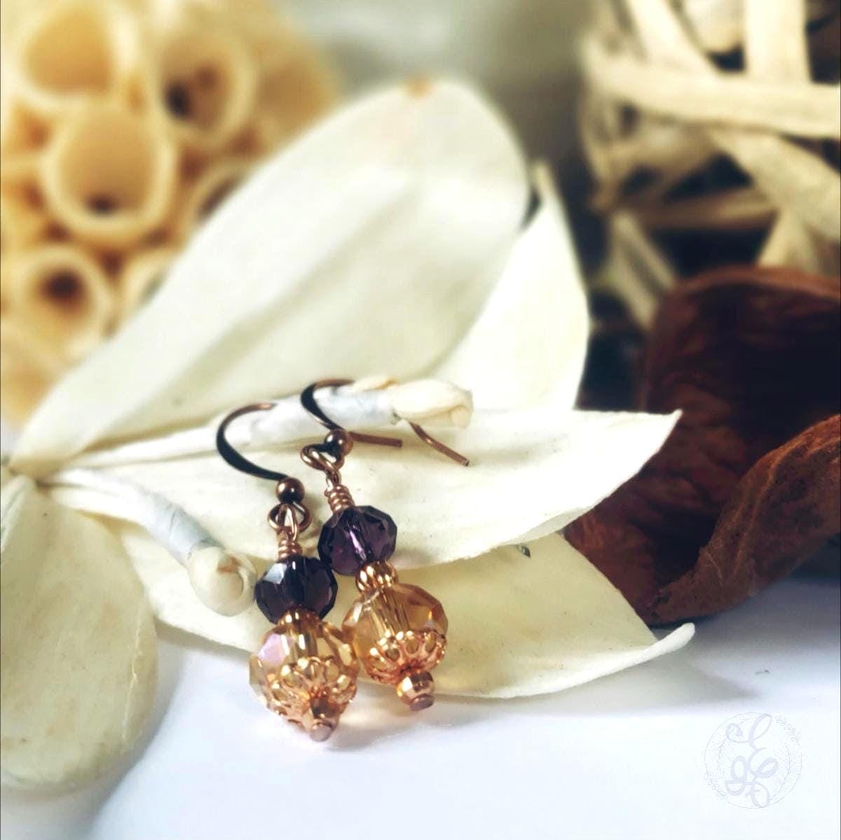 Amber and Eggplant Earrings - Copper Crystal Short Dangles