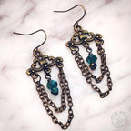 Vintage Chandelier Earrings in Antique Gold & Teal Crystal