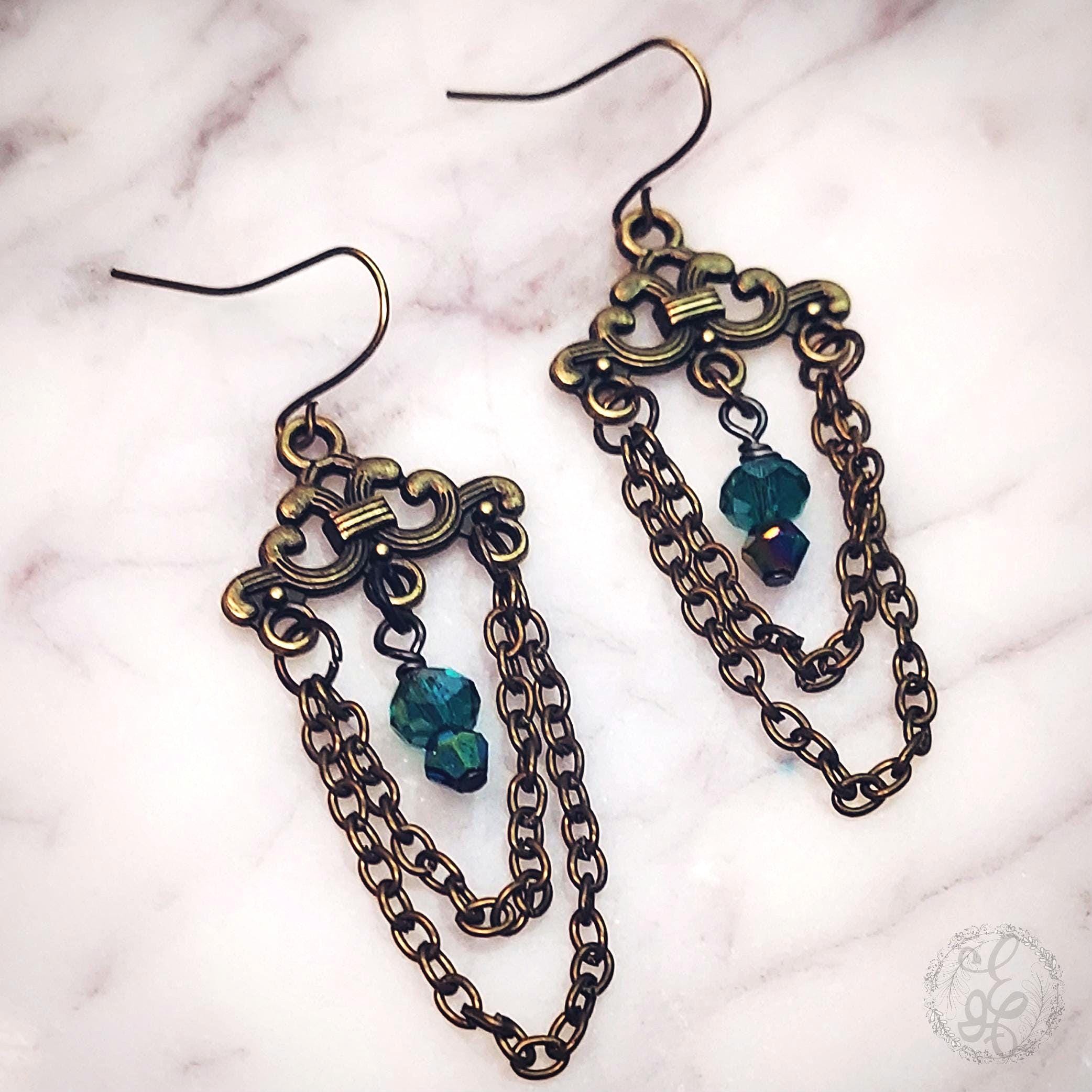 Vintage Chandelier Earrings in Antique Gold & Teal Crystal