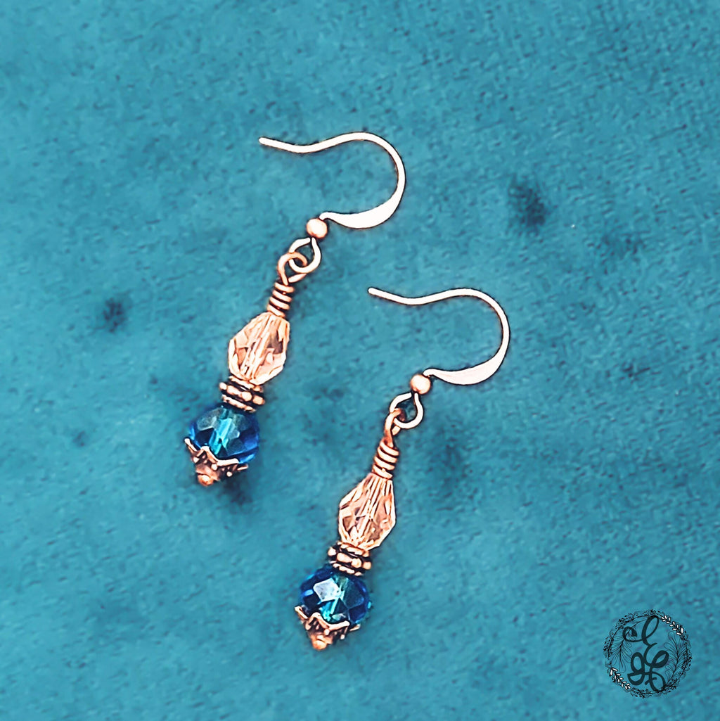 Peacock Blue and Peach Crystal Earrings | Antique Copper Wire Wrapped | Vintage Oil Lamp Inspired