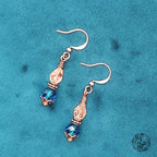 Peacock Blue and Peach Crystal Earrings | Antique Copper Wire Wrapped | Vintage Oil Lamp Inspired