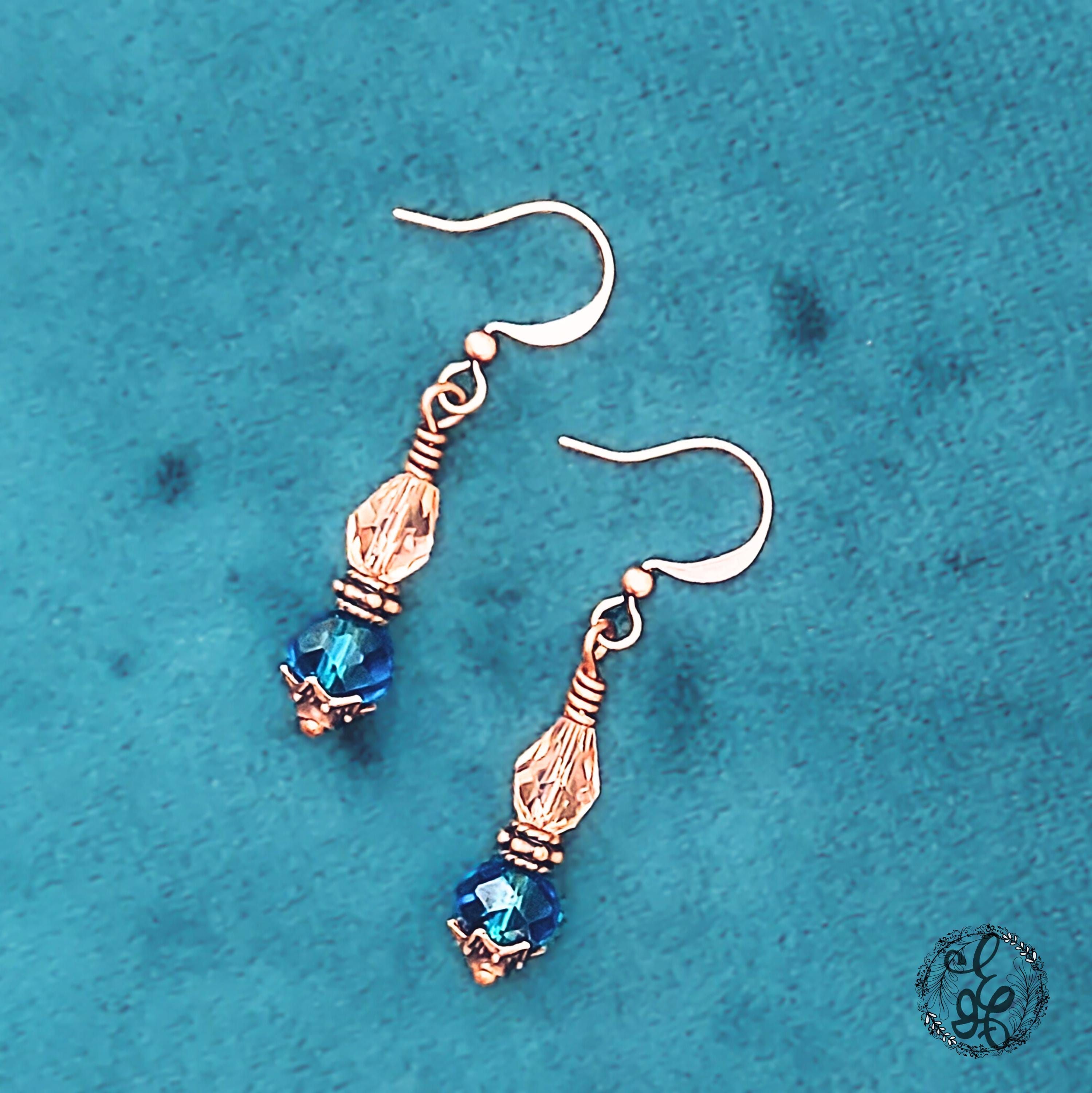 Peacock Blue and Peach Crystal Earrings | Antique Copper Wire Wrapped | Vintage Oil Lamp Inspired