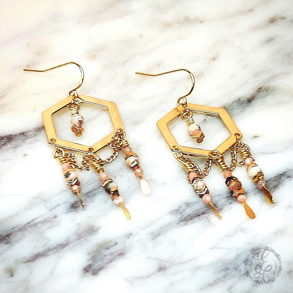 Elegant Rhodochrosite Gold Plated Chandelier Earrings
