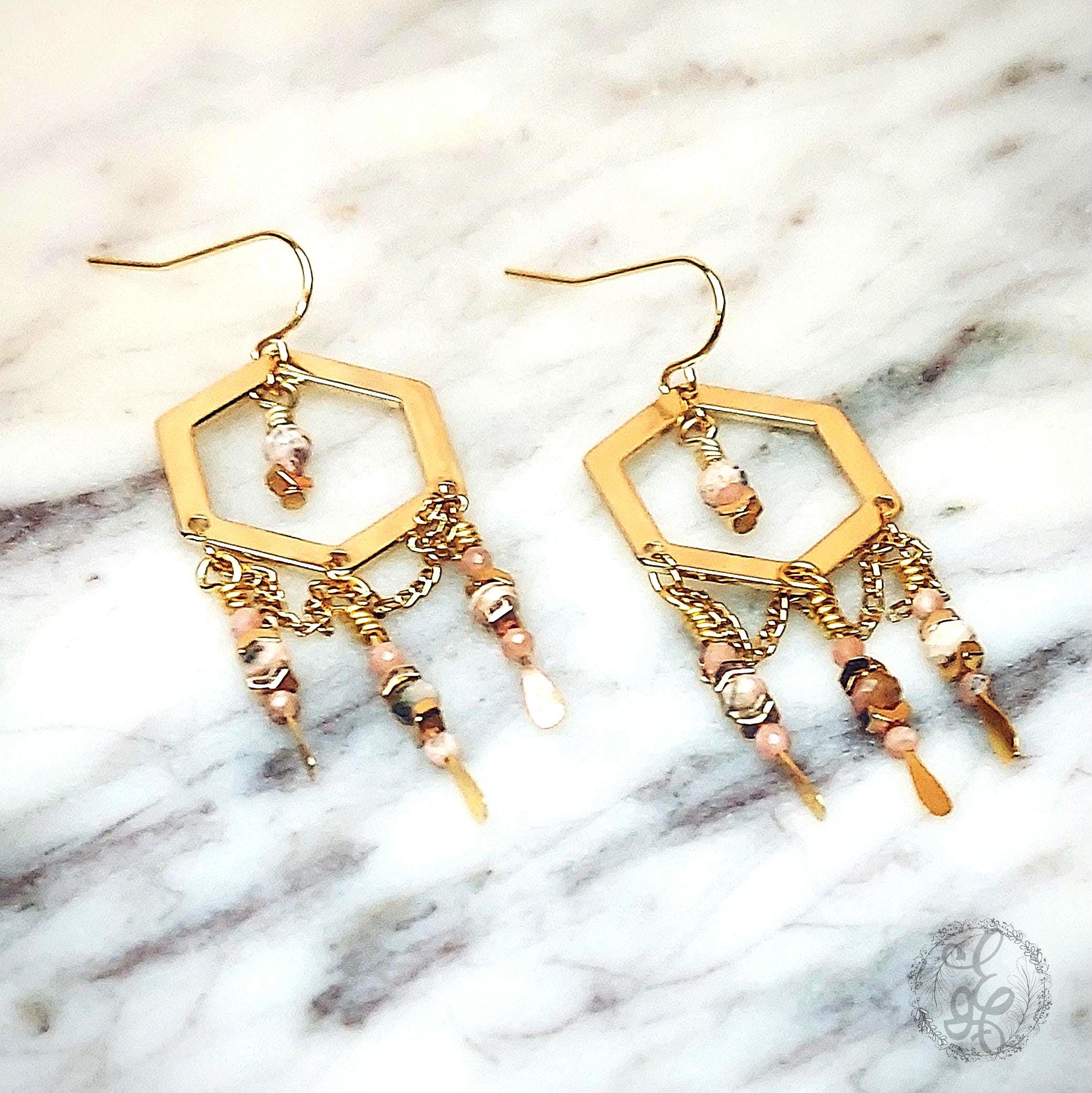Elegant Rhodochrosite Gold Plated Chandelier Earrings