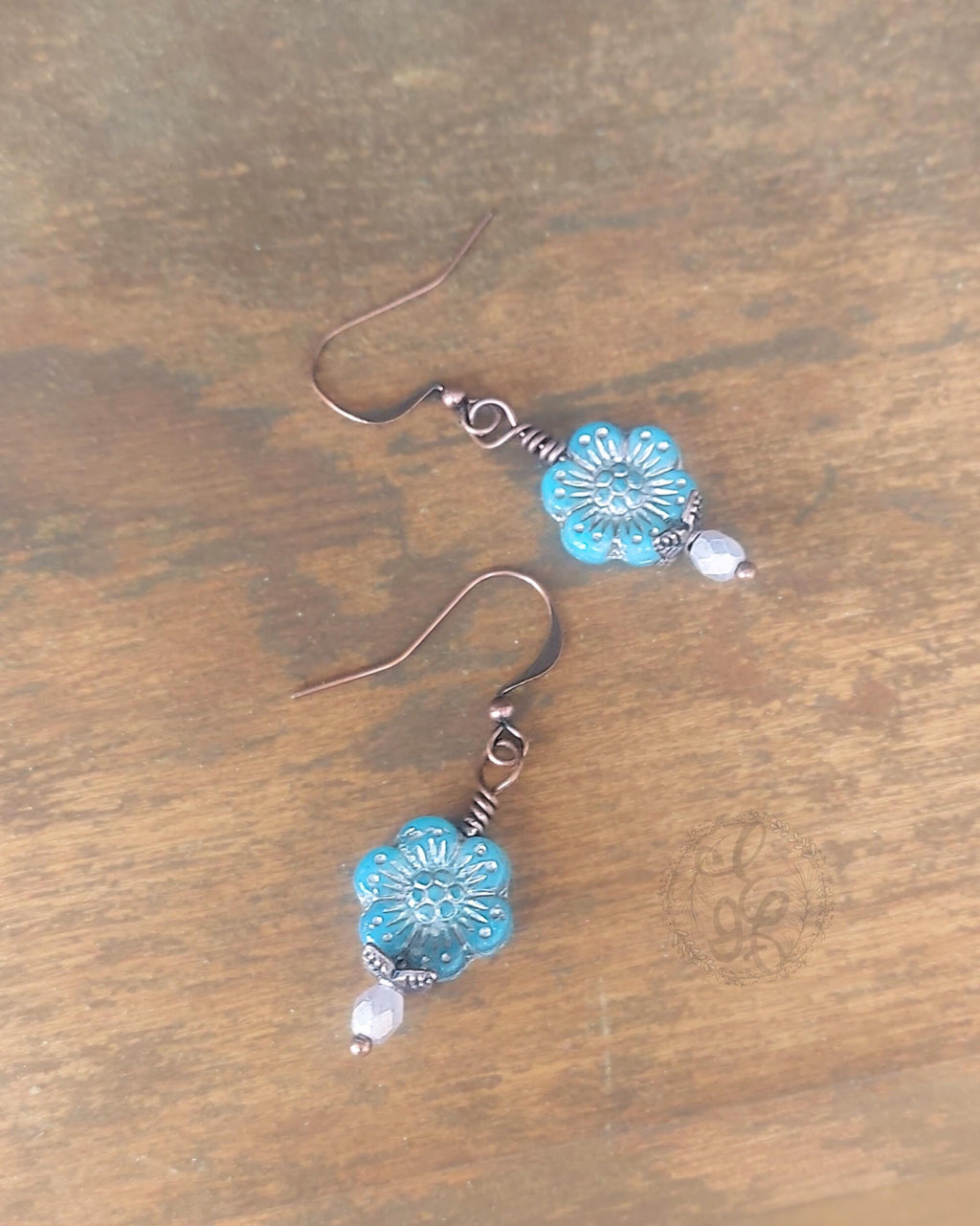 Dusty Blue Czech Glass Flower Earrings – Antique Copper Dangle Earrings