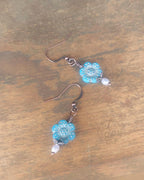 Dusty Blue Czech Glass Flower Earrings – Antique Copper Dangle Earrings