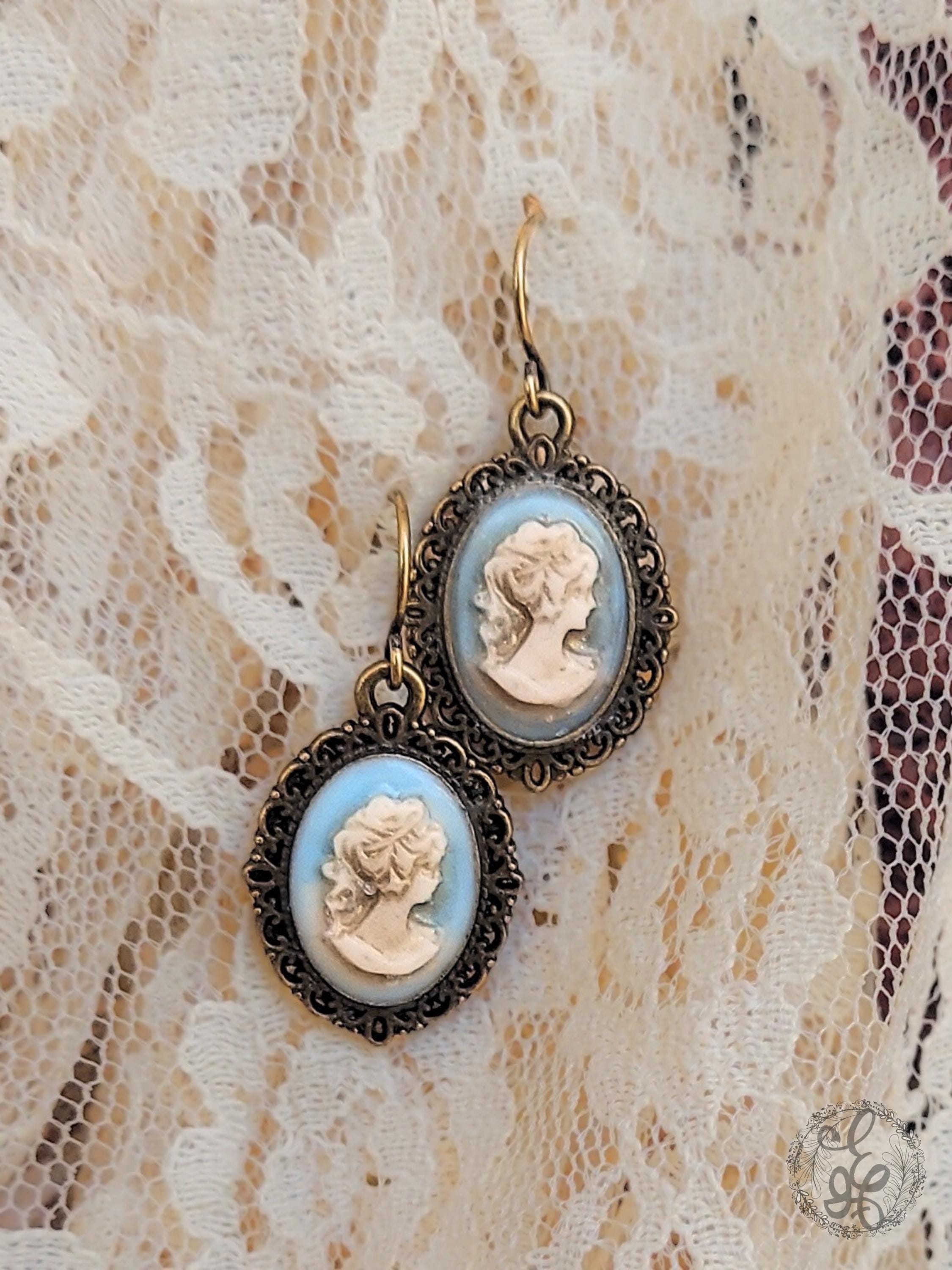 Antique Brass Cameo Earrings – Handcrafted, Sky Blue | Hypoallergenic Vintage Style Jewelry | Victorian Gift for Her