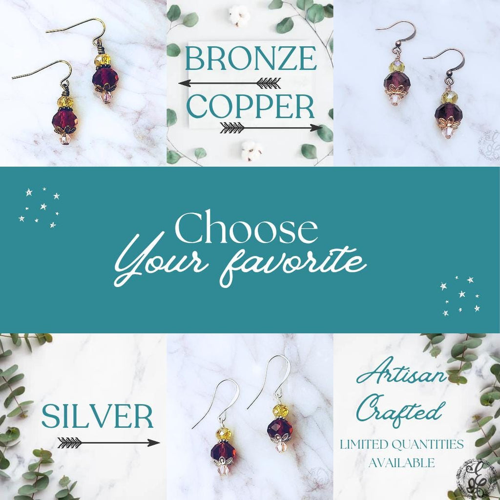 Plum Crystal Dangle Earrings | Artisan Earrings in Copper, Silver, or Bronze