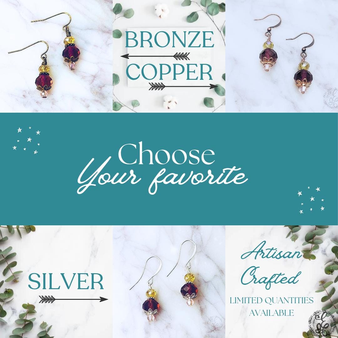 Plum Crystal Dangle Earrings | Artisan Earrings in Copper, Silver, or Bronze