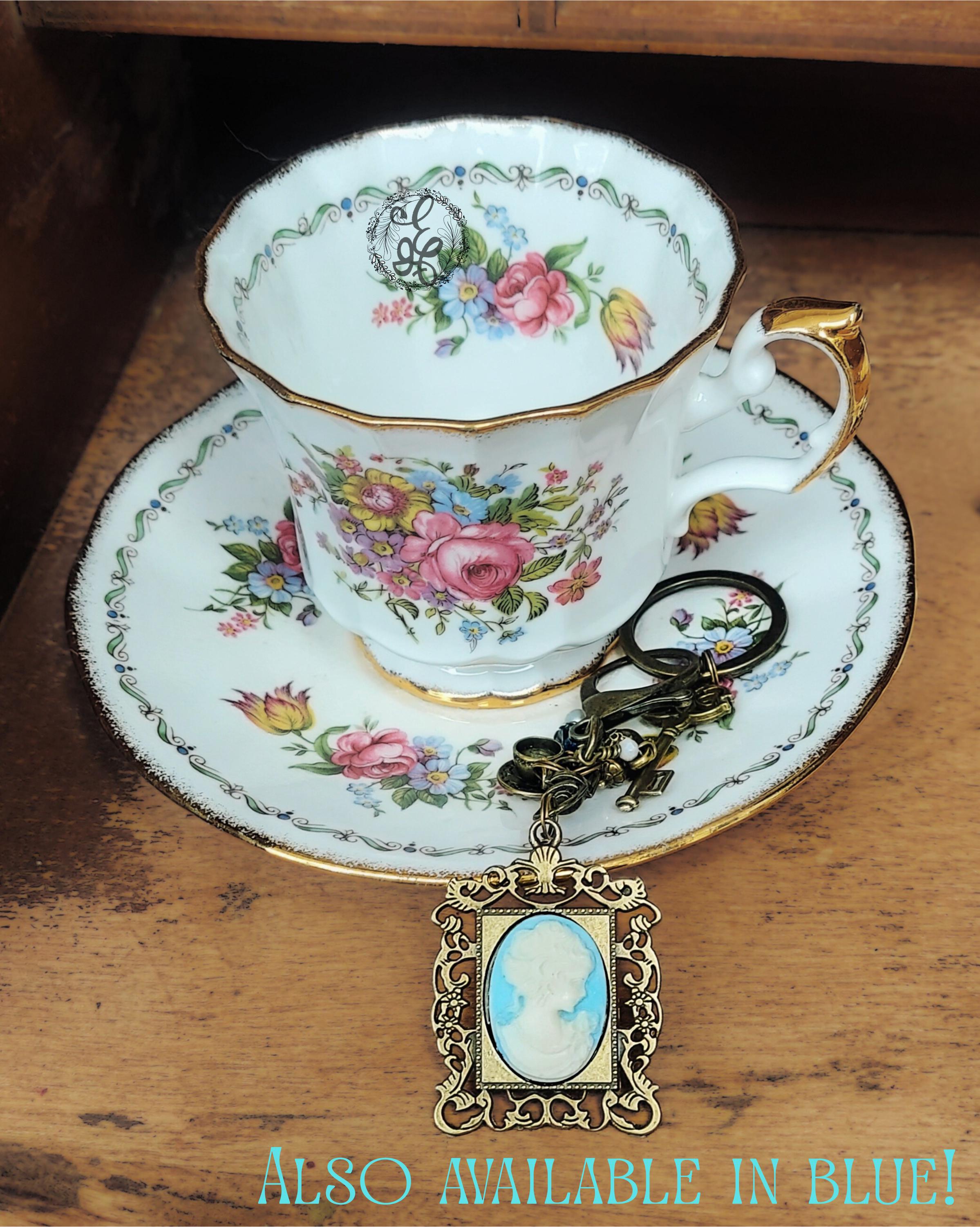 Victorian Tea Purse Charm & Keychain – Handcrafted Cameo, Teapot and Crystal Charms – Antique Brass