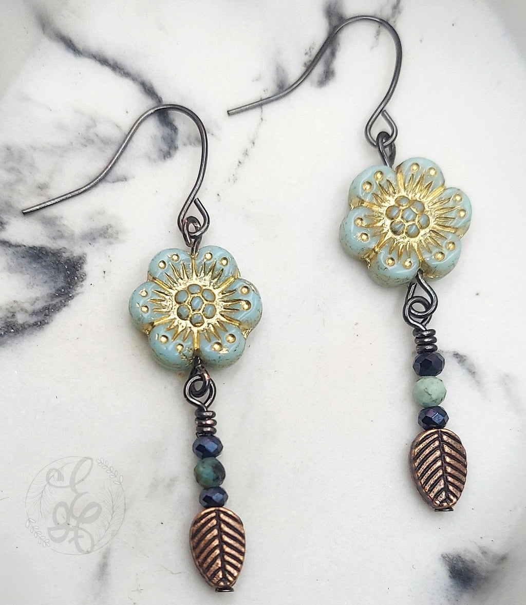 Wild Rose Gunmetal Earrings in Turquoise with Amazonite and Black Crystals: Boho Dangle Earrings for Women and Teens