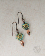 Artisan Czech Glass Earrings • Antique Copper Floral Dangles • Crystal Teardrop Vintage Style Jewelry