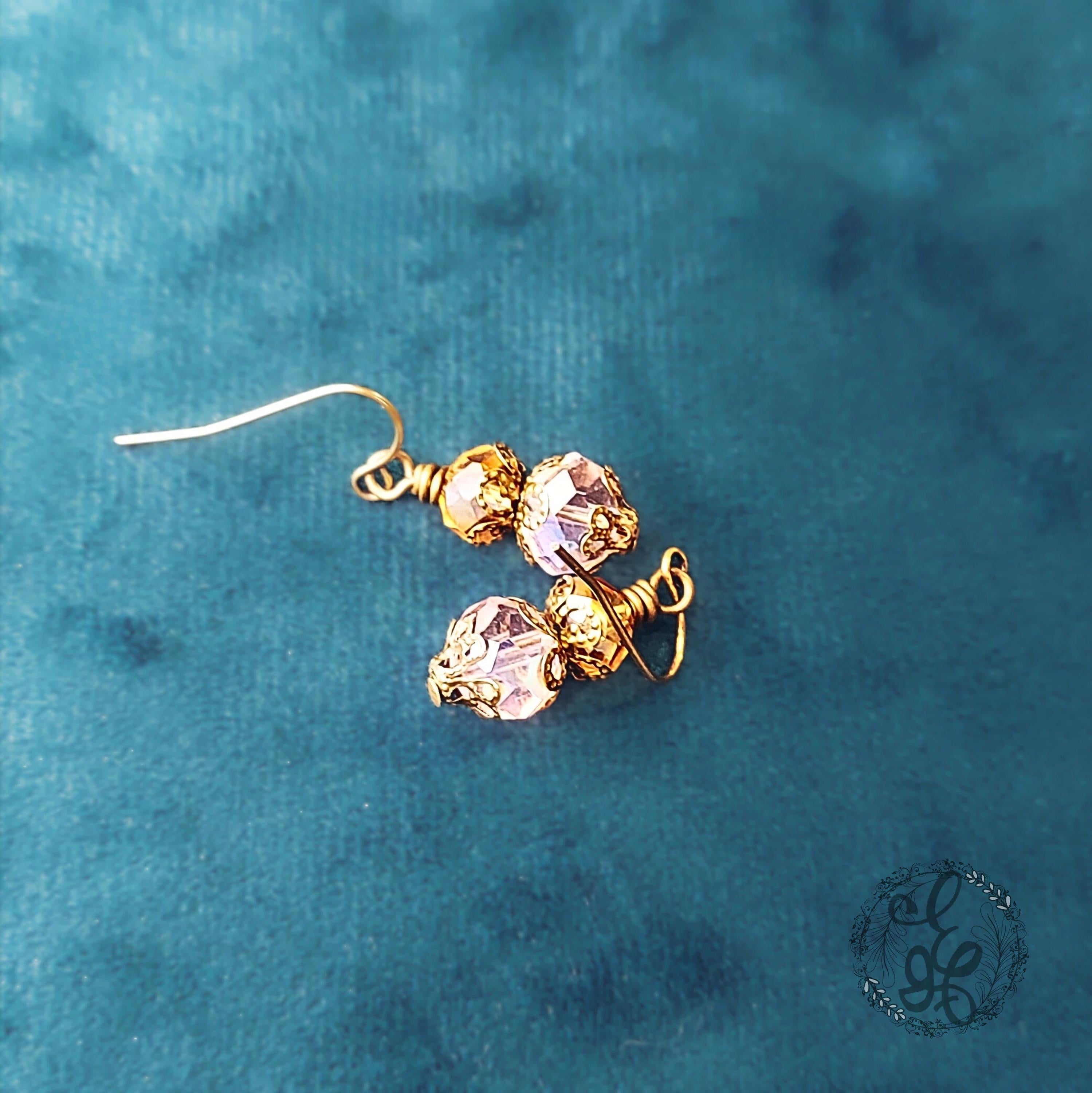 Victorian Style Earrings – Pink and Amber Crystal Dangle Earrings – Antique Bronze