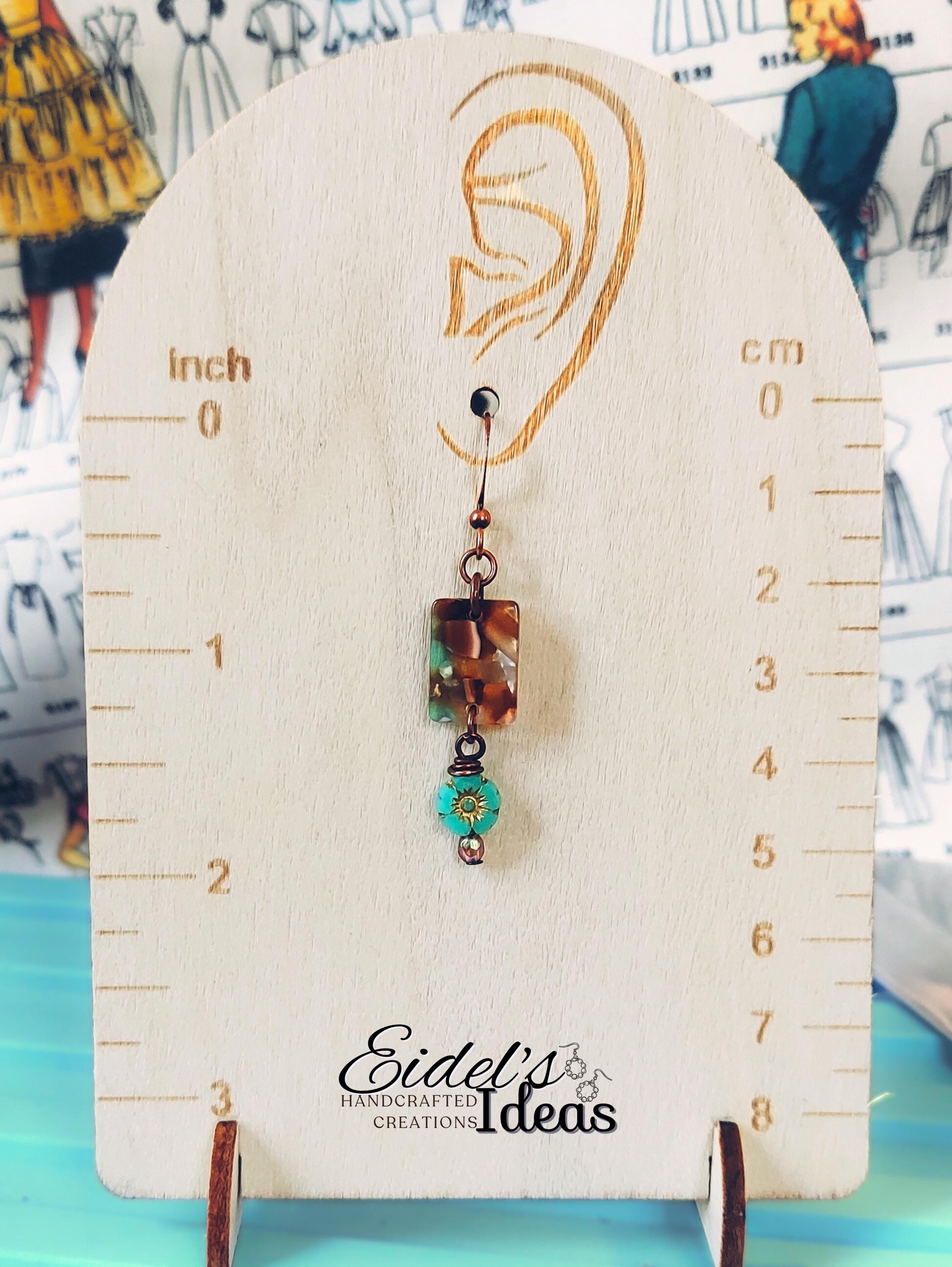 Boho Copper and Czech Glass Dangle Earrings with Tortoiseshell Focal and Flower Accent, Handmade Artisan Jewelry