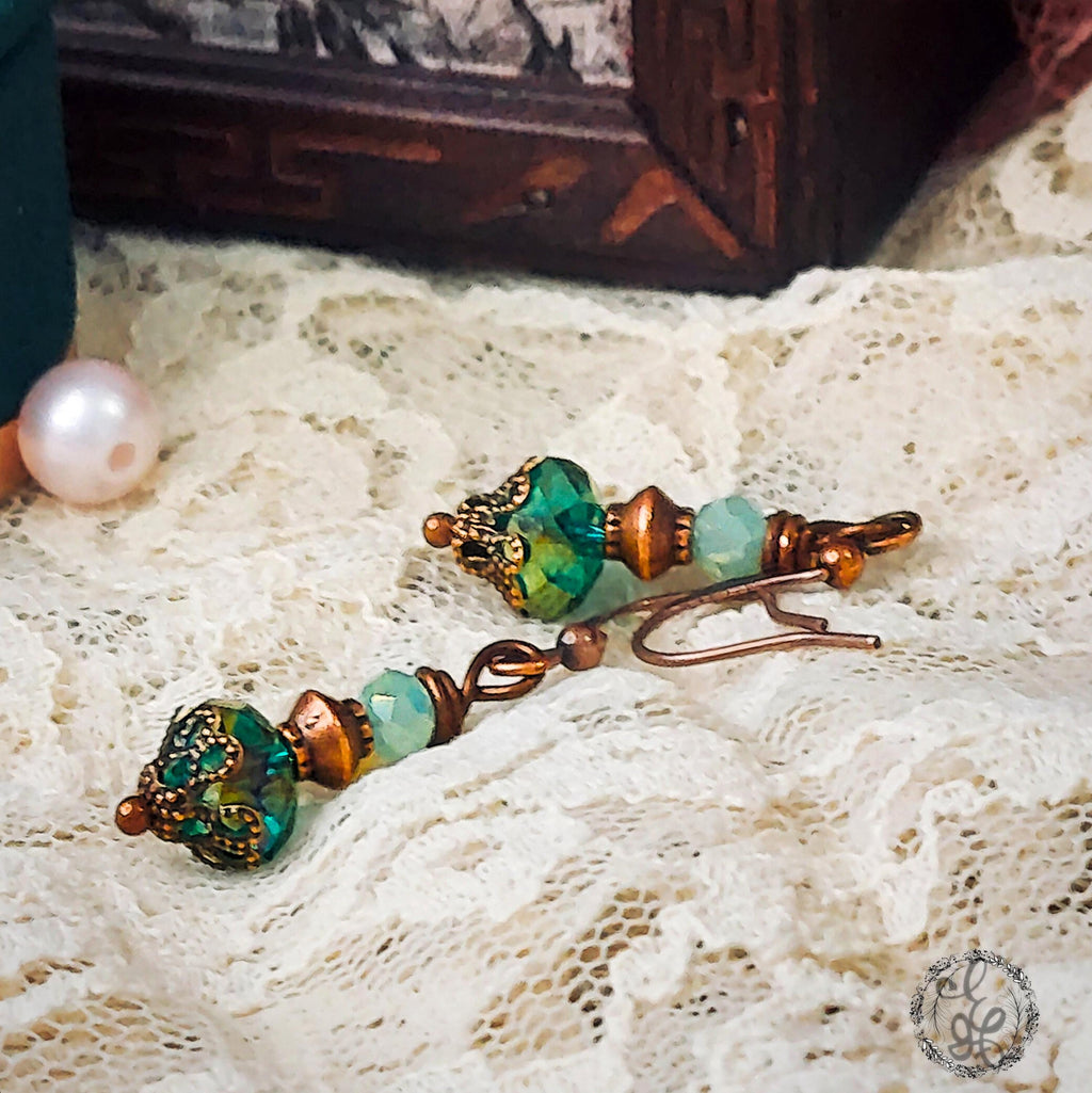 Victorian Inspired Peacock Blue Crystal Earrings | Antique Copper Filigree Dangles