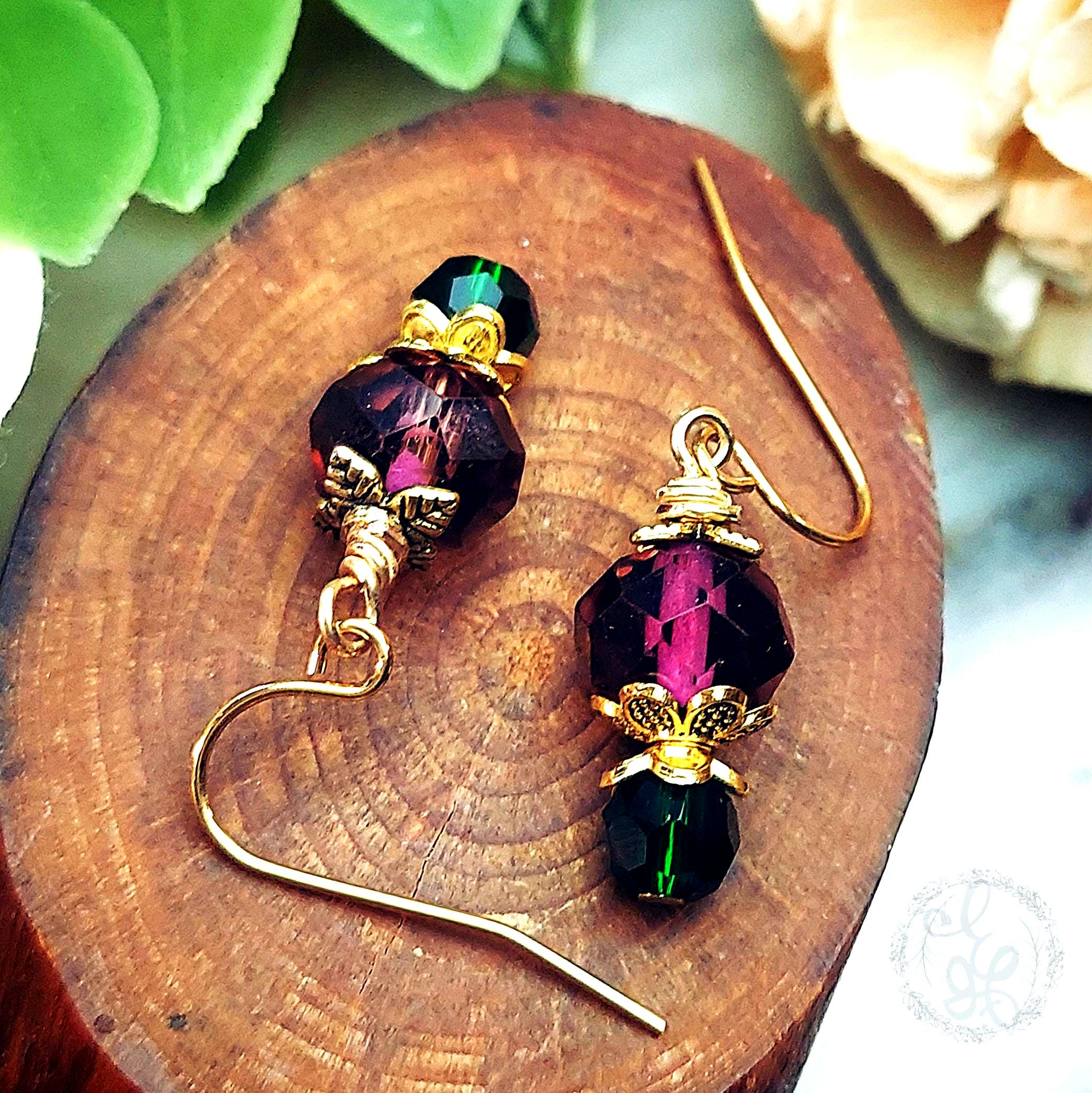 Vintage-Inspired Plum & Green Drop Earrings | Gold Accents | Hypoallergenic