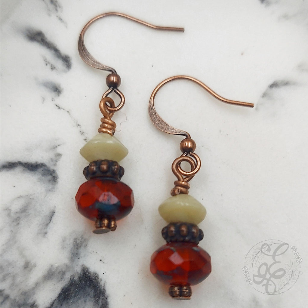 Grenadine Red Dangle Earrings with Antique Copper Finish, Mother's Day Gift for Her