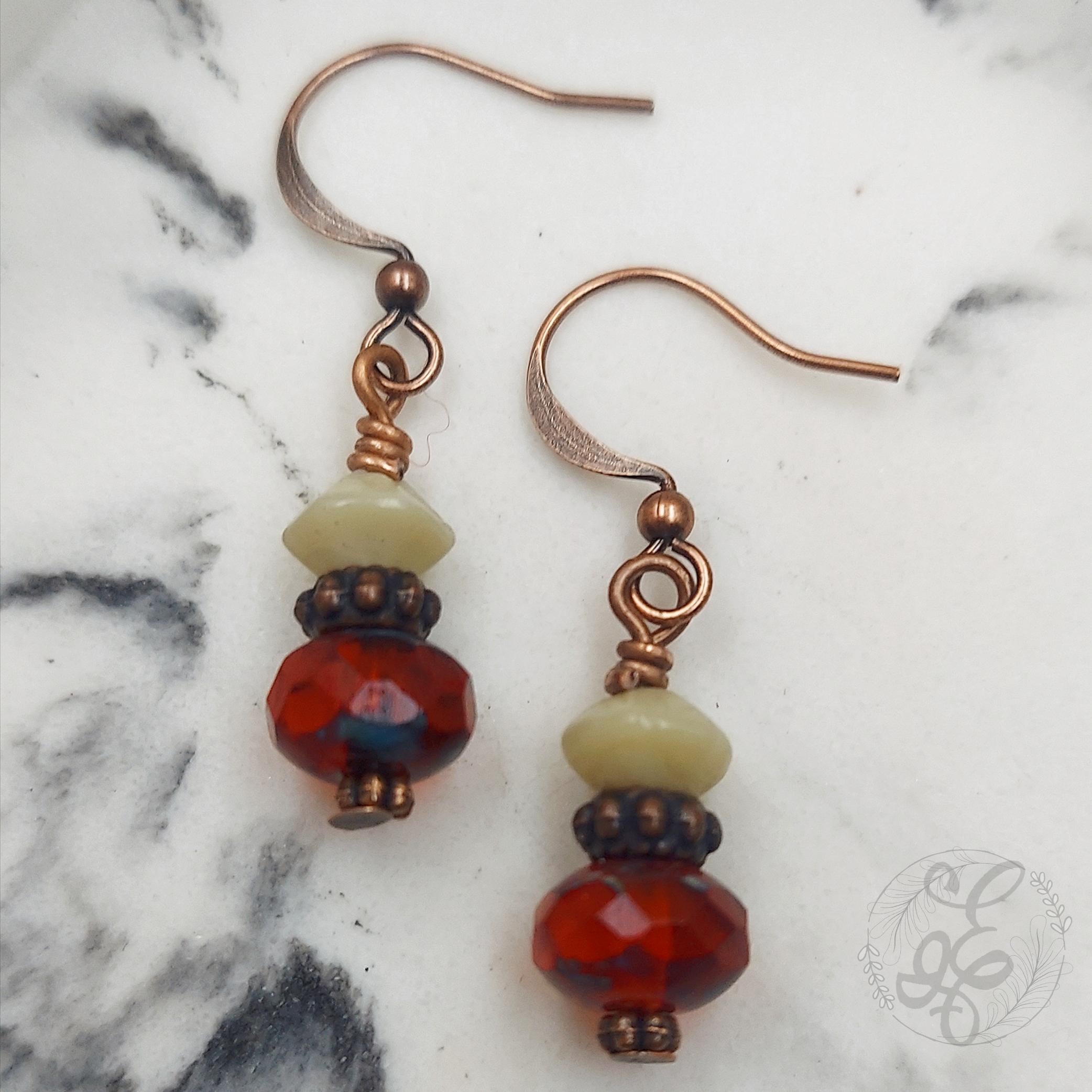 Grenadine Red Dangle Earrings with Antique Copper Finish, Mother's Day Gift for Her