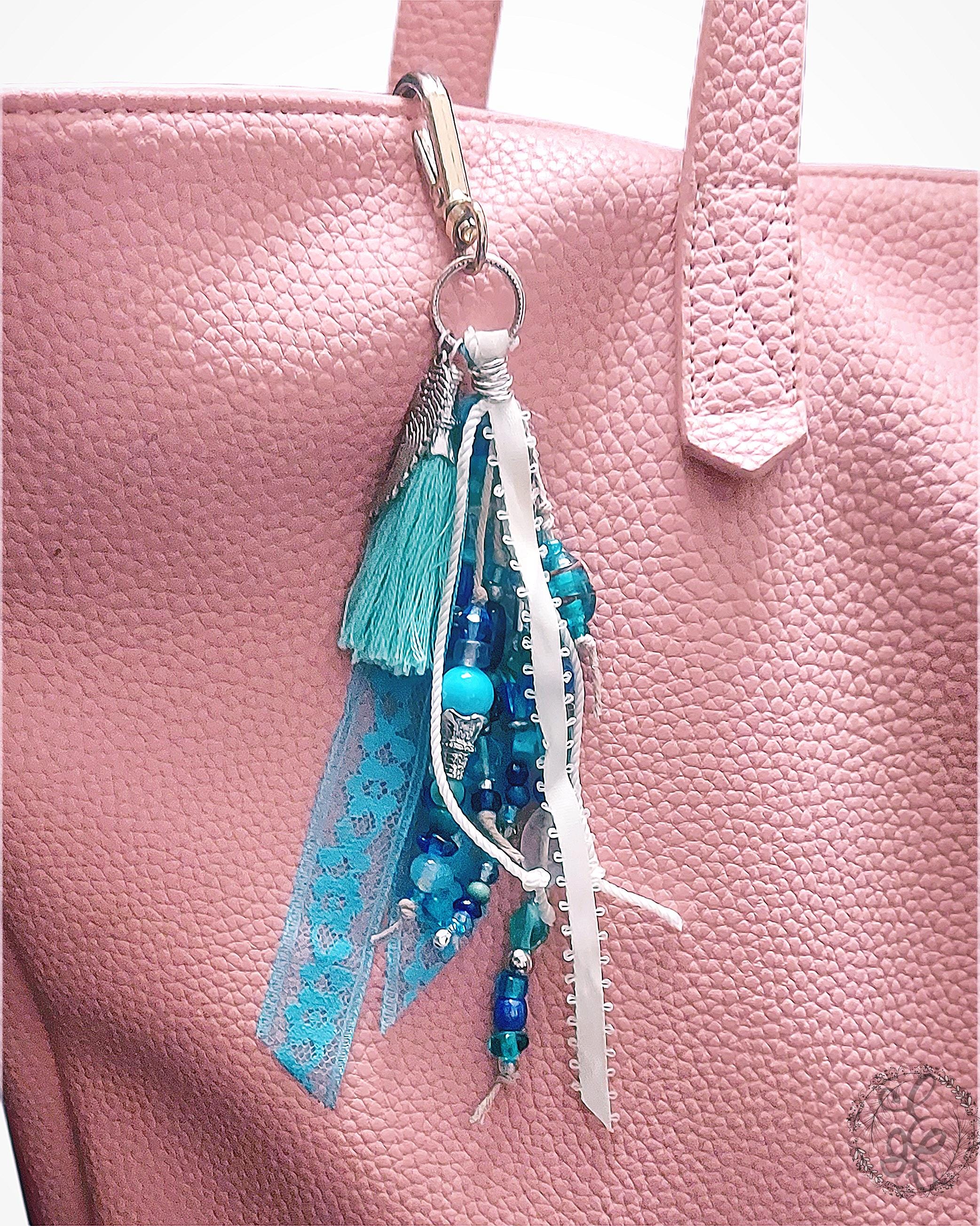 Handcrafted Blue Tassel Purse Charm | One of a Kind Boho Keychain with Lampwork Glass Beads