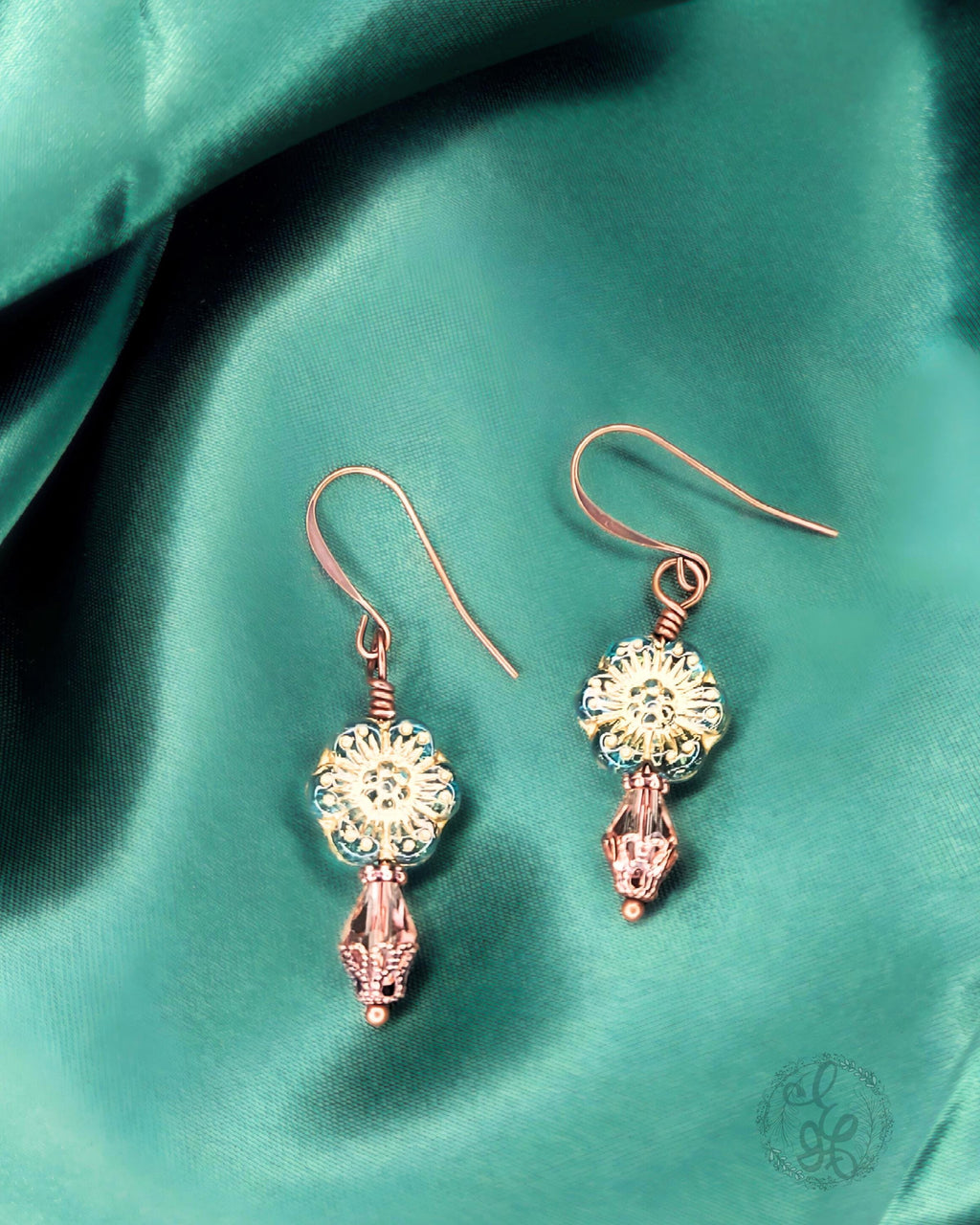 Artisan Czech Glass Earrings • Antique Copper Floral Dangles • Crystal Teardrop Vintage Style Jewelry
